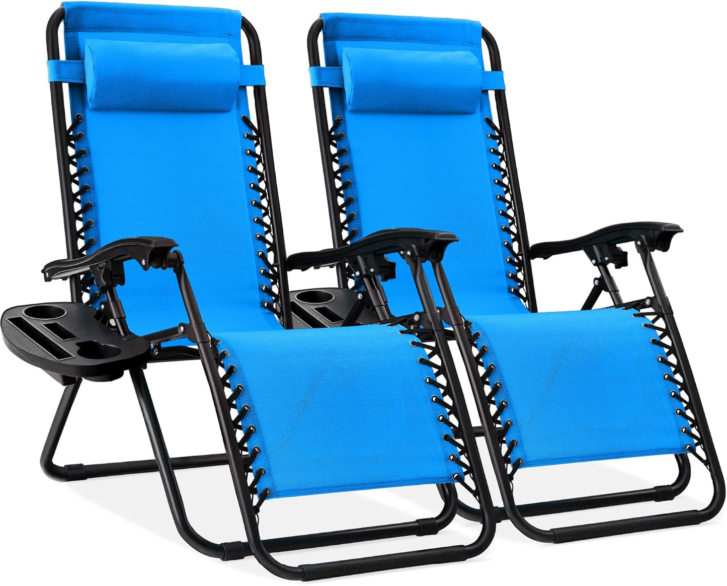 Best Choice Products Set of 2 Adjustable Steel Mesh Zero Gravity Lounge Chair Recliners w/Pillows and Cup Holder Trays - Black