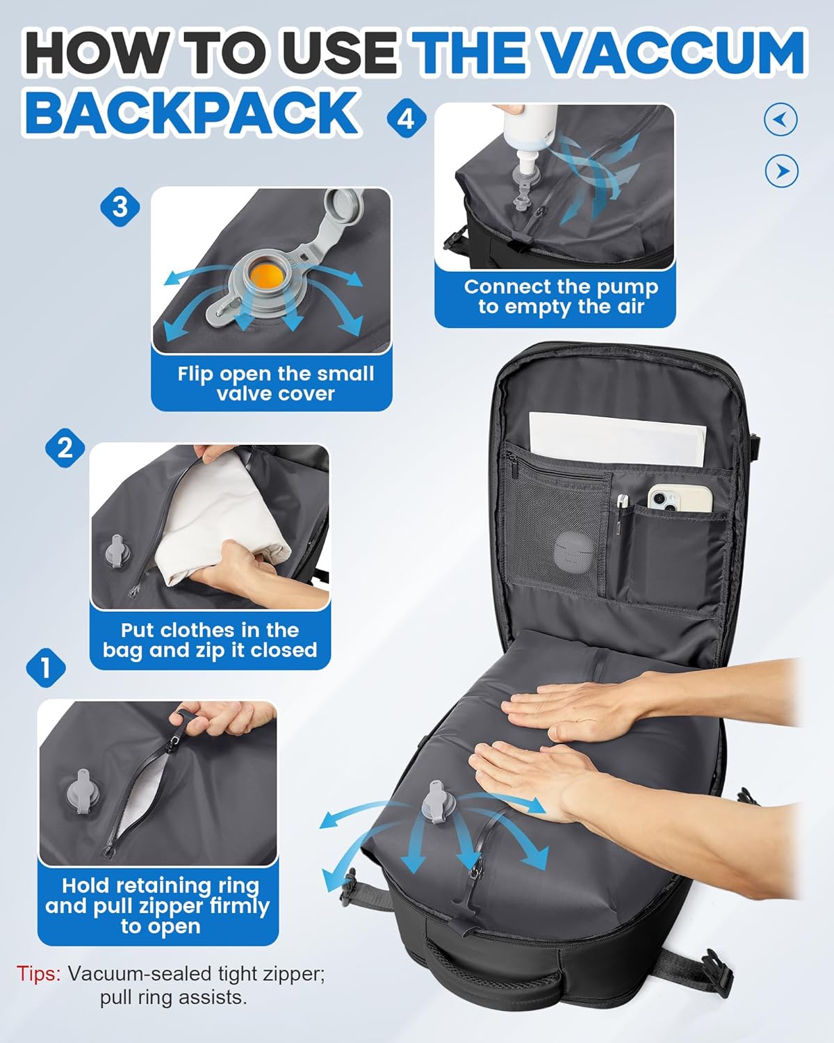 Vacuum Seal Travel Backpack with Air Pump Compression Vacpack Waterproof Carry On Backpack for Travel Women men with Vacuum System Laptop Airlines Approved Daypack Space Saver Bags Black