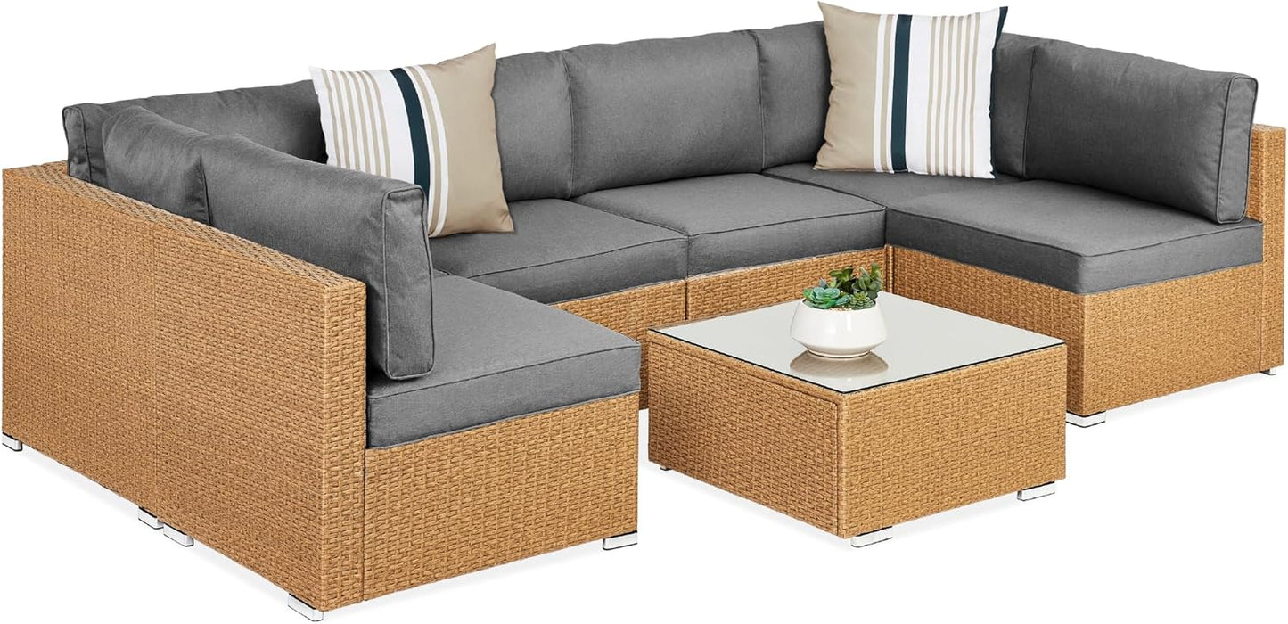Best Choice Products 7-Piece Modular Outdoor Sectional Wicker Patio Conversation Set w/ 2 Pillows, Coffee Table, Cover Included - Gray/Gray