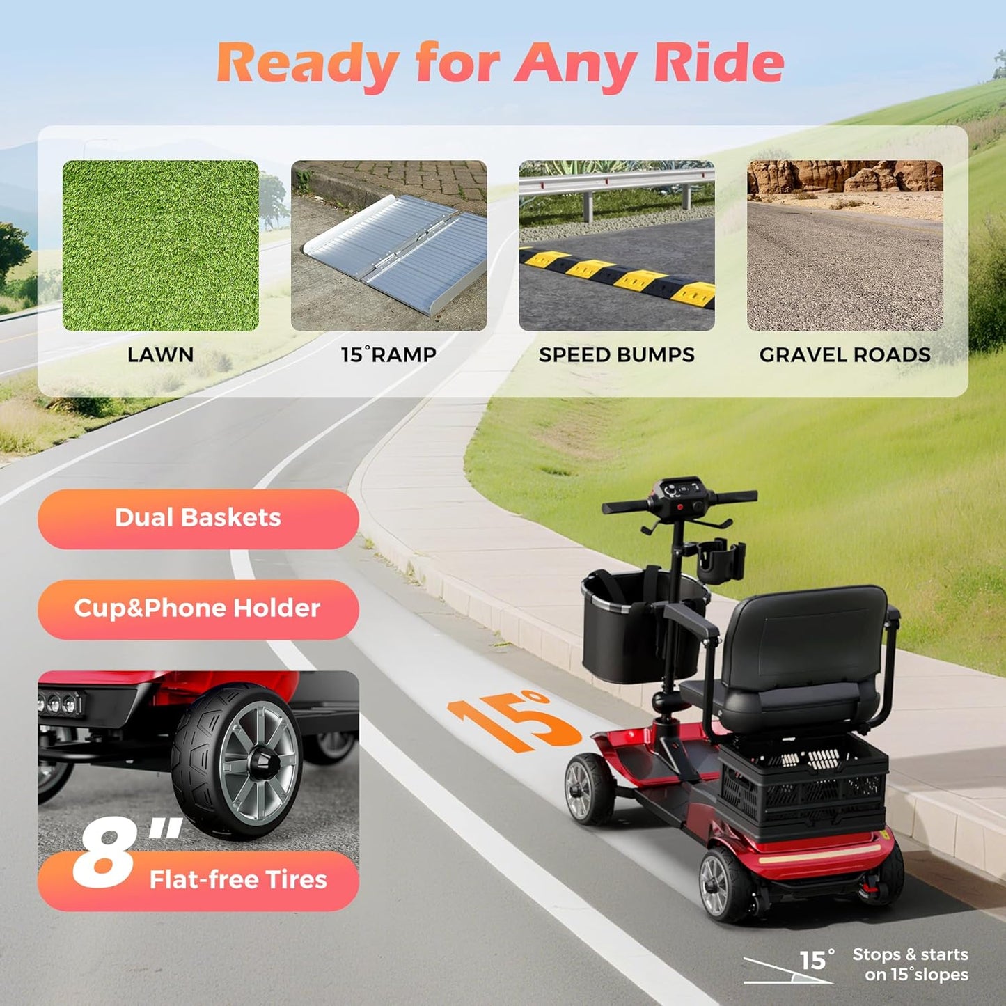 4 Wheel Mobility Scooter for Adults - Foldable Motorized Scooters 330 lb Capacity with Removable Battery, Dual Basket, Phone & Cup Holder, Red