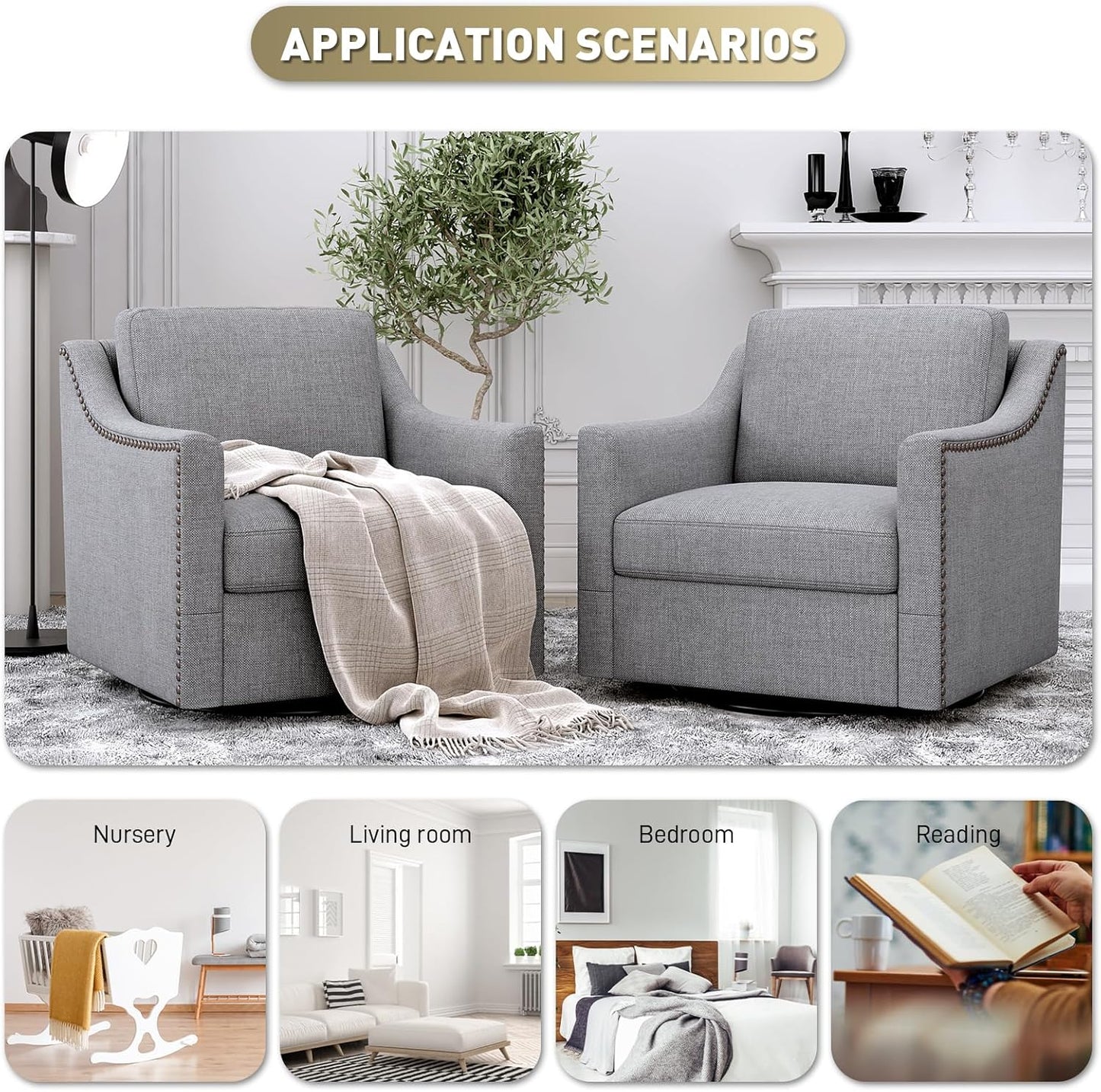 Swivel Barrel Chair Set of 2, Oversized Swivel Accent Chair with Comfy Back Pillow, Modern Upholstered Reading Lounge Chairs for Living Room Bedroom Office Club, Light Grey Linen
