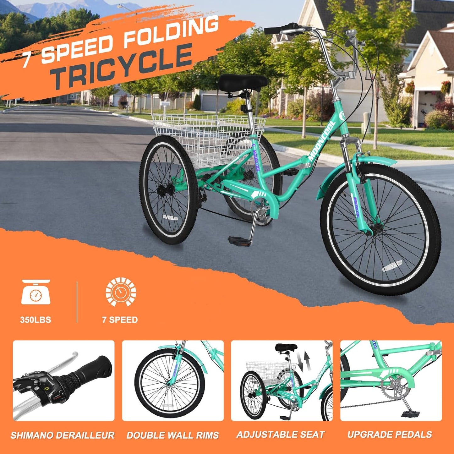 Slsy Adult Folding Tricycles, 7 Speed Folding Adult Trikes, 20 24 26 Inch 3 Wheel Bikes with Low Step-Through, Foldable Tricycle for Adults, Women, Men, Seniors