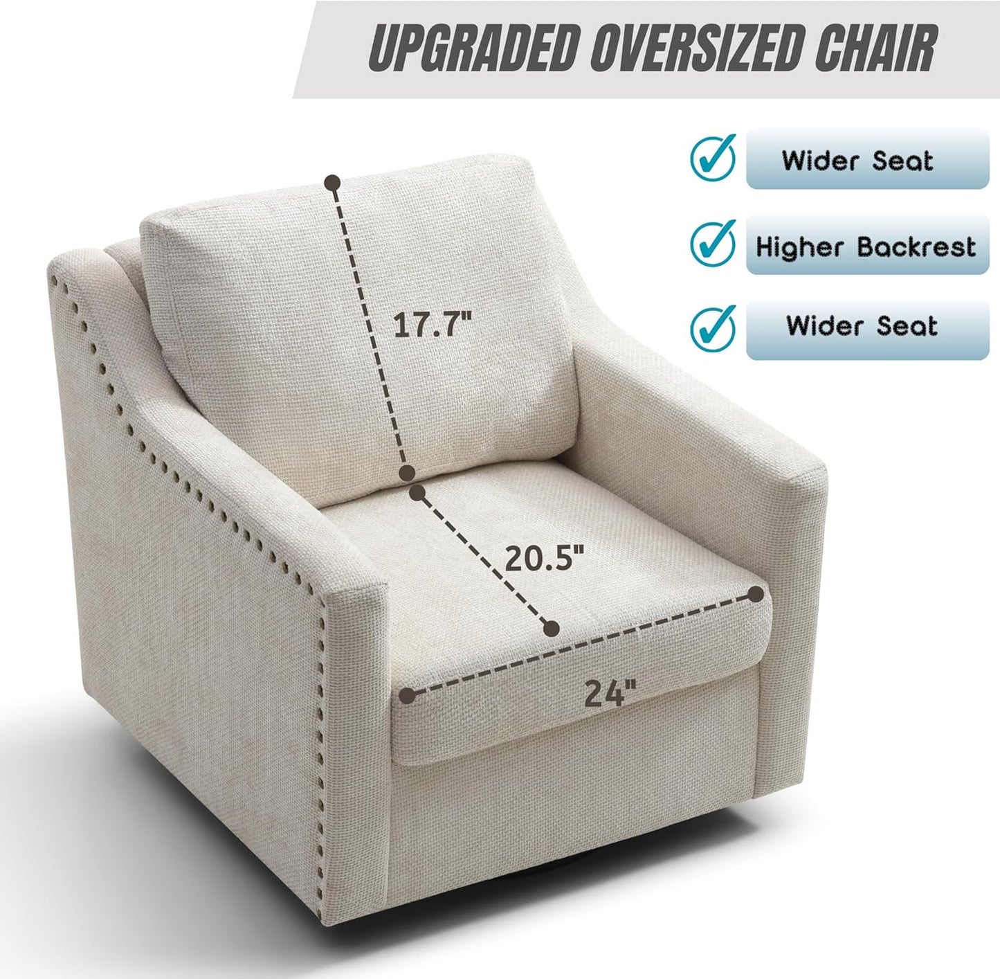 Swivel Accent Chair Oversized Arm Chair with Chenille Fabric Comfy Reading Barrel Chair Modern Living Room Chair with Thick Soft Cushion Wide Single Sofa Chair for Living Room (Beige, Set of 2)