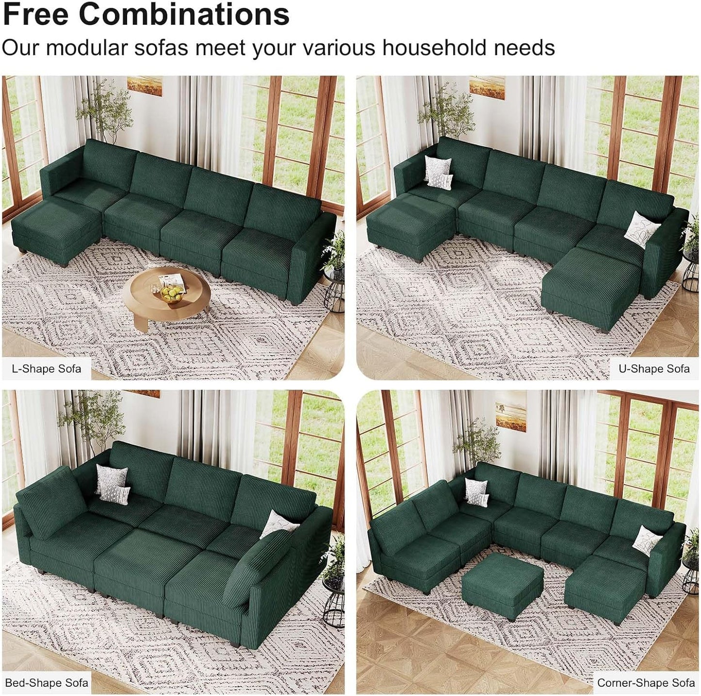 Belffin Corduroy Armchair Modular Arm Chair with Storage Modern Couch for Living Room Green