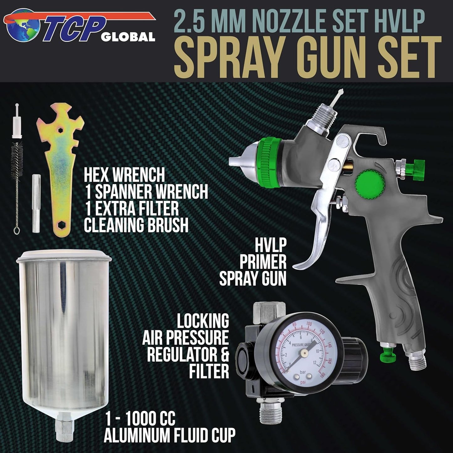 TCP Global Professional HVLP Spray Gun 2.5mm - Gravity Feed Auto Paint Gun Kit for Basecoat, Clearcoat, Primer - Spray Guns Paint Sprayer with Air Compressor Regulator (G6600-13)