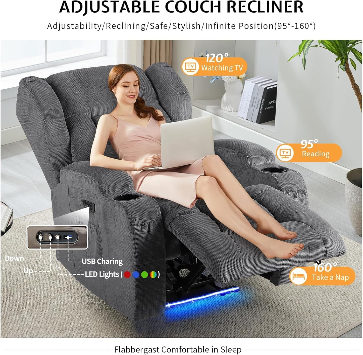 BINGTOO Electric Power Recliner Chair with Massage & Heat - Ergonomic Wingback Lounge Sofa Chair for Living Room, Home Theater Seating & RV with LED Light/Cup Holders/USB Ports, Grey