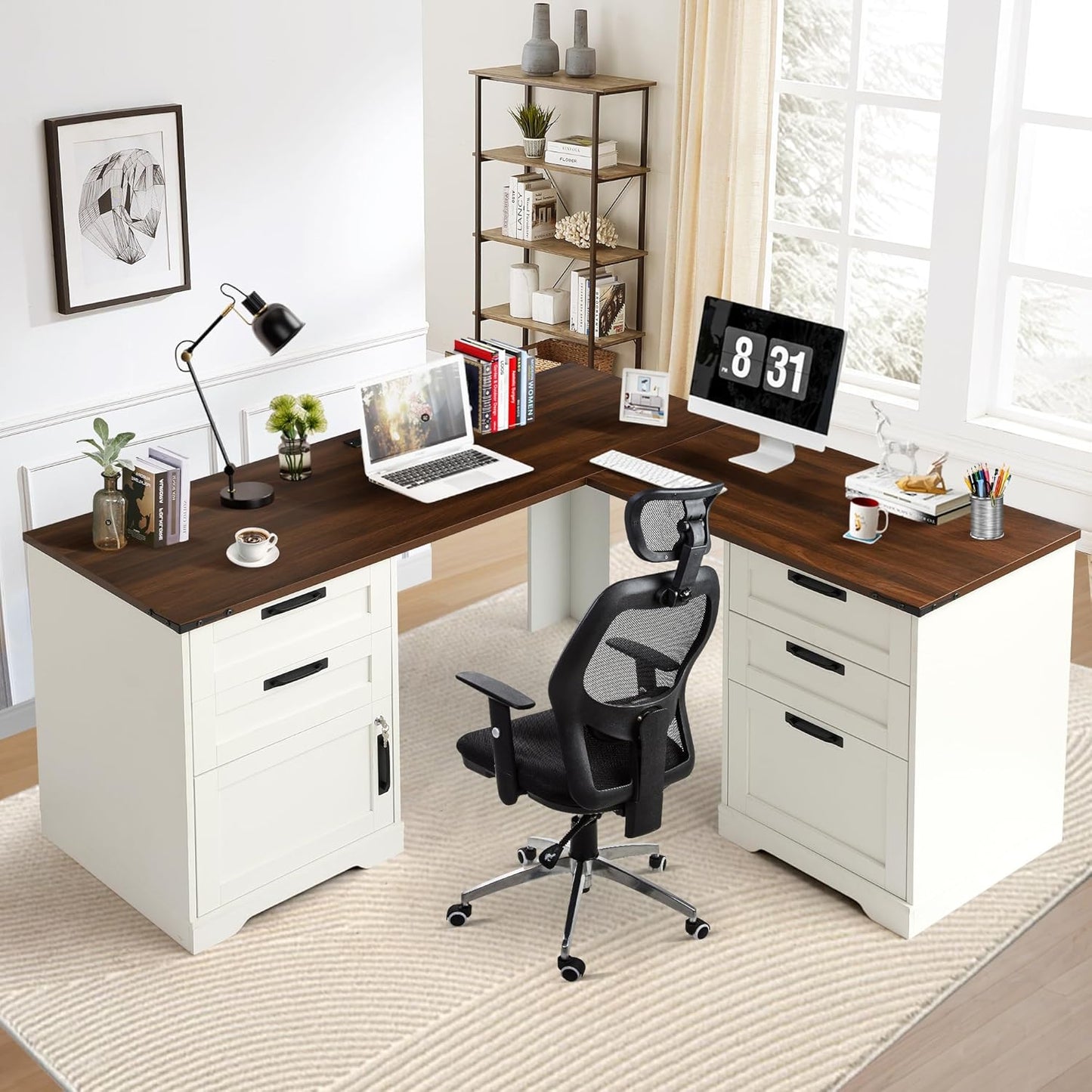 TITIMO 60" Executive L Shaped Desk with Drawers, Farmhouse Home Office Desk with Charging Station, Wood Corner Computer Desk with File Cabinet, Writing Computer Desk for Work and Study (Light Gray)