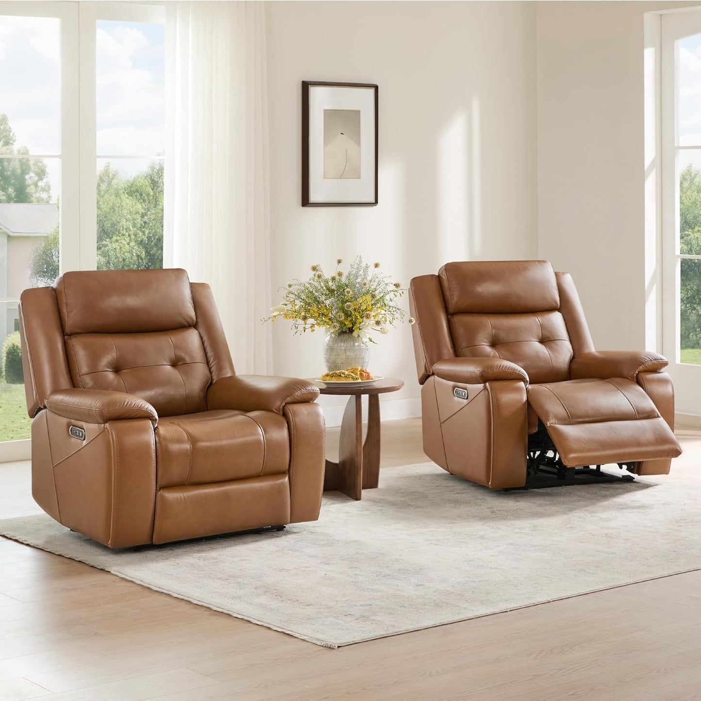 Watson & Whitely Genuine Leather Power Recliner Chair for Adults, Wall Hugger Recliner with Power Headrest, Cup Holders & Charging Ports, Electric Reclining Chairs for Living Room, RV, Saddle Brown