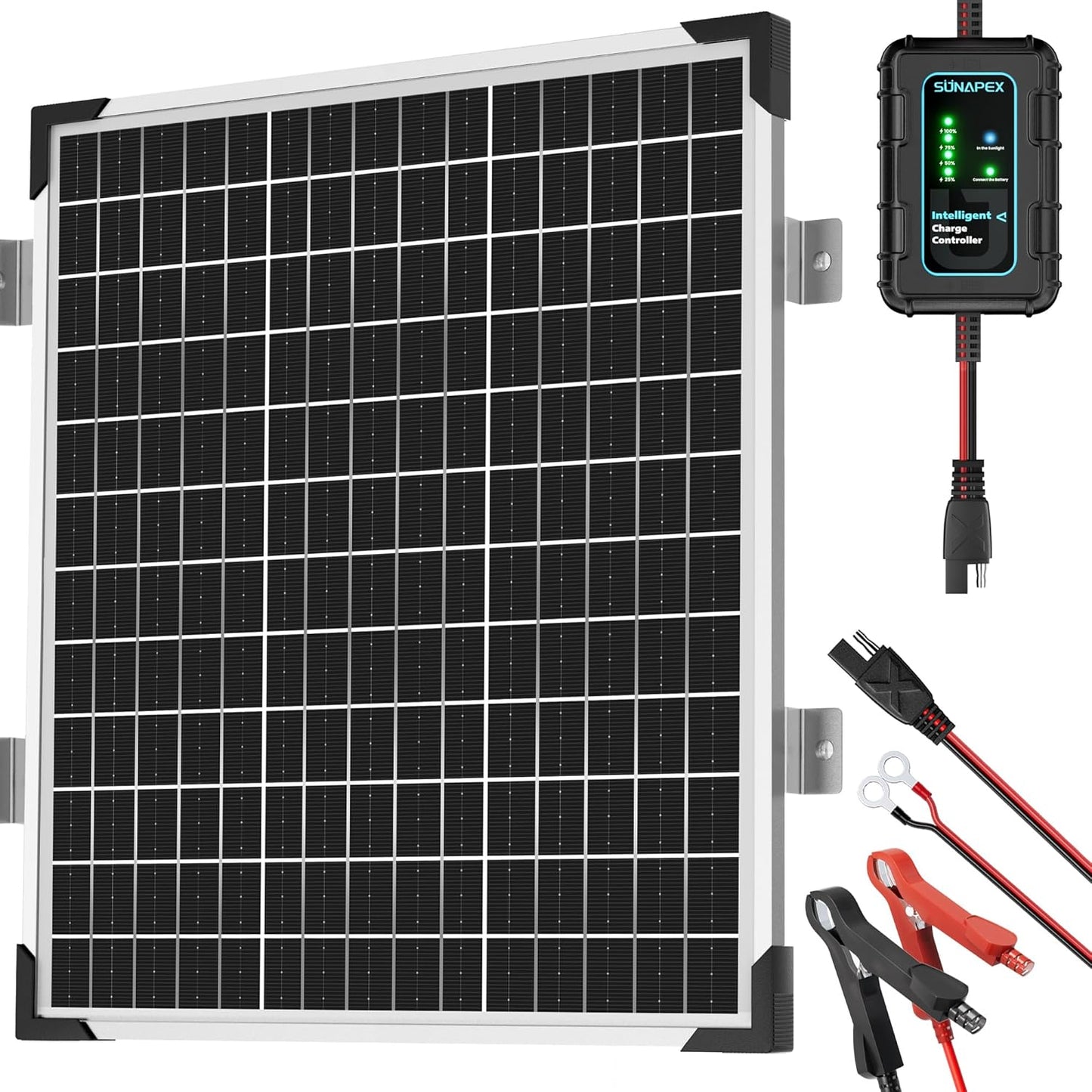 SUNAPEX 12V Solar Battery Charger: 25W Waterproof Solar Panel Kit- Aluminum Trickle Charger for Car Battery with MPPT Controller - Battery Tender Motorcycle Boat Marine RV Trailer Tractor Truck