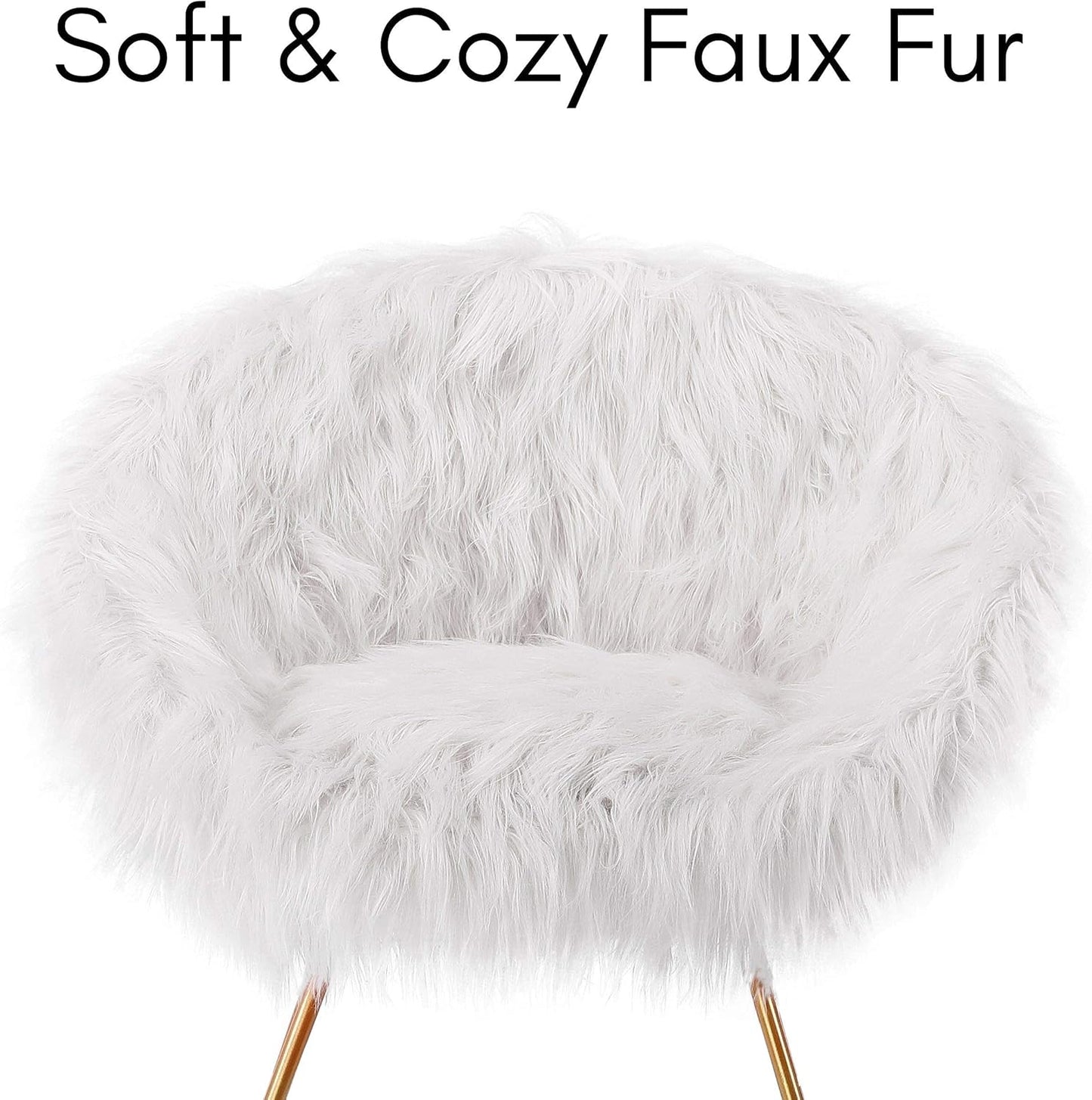 BIRDROCK HOME White Faux Fur Chair with Pale Gold Legs for Dorm Room, Teens Bedroom - Fuzzy Papasan Chair - Comfy Wide Cushion Seat - Accent Chair - Moon Chair - Metal - Fluffy Round Seat - White