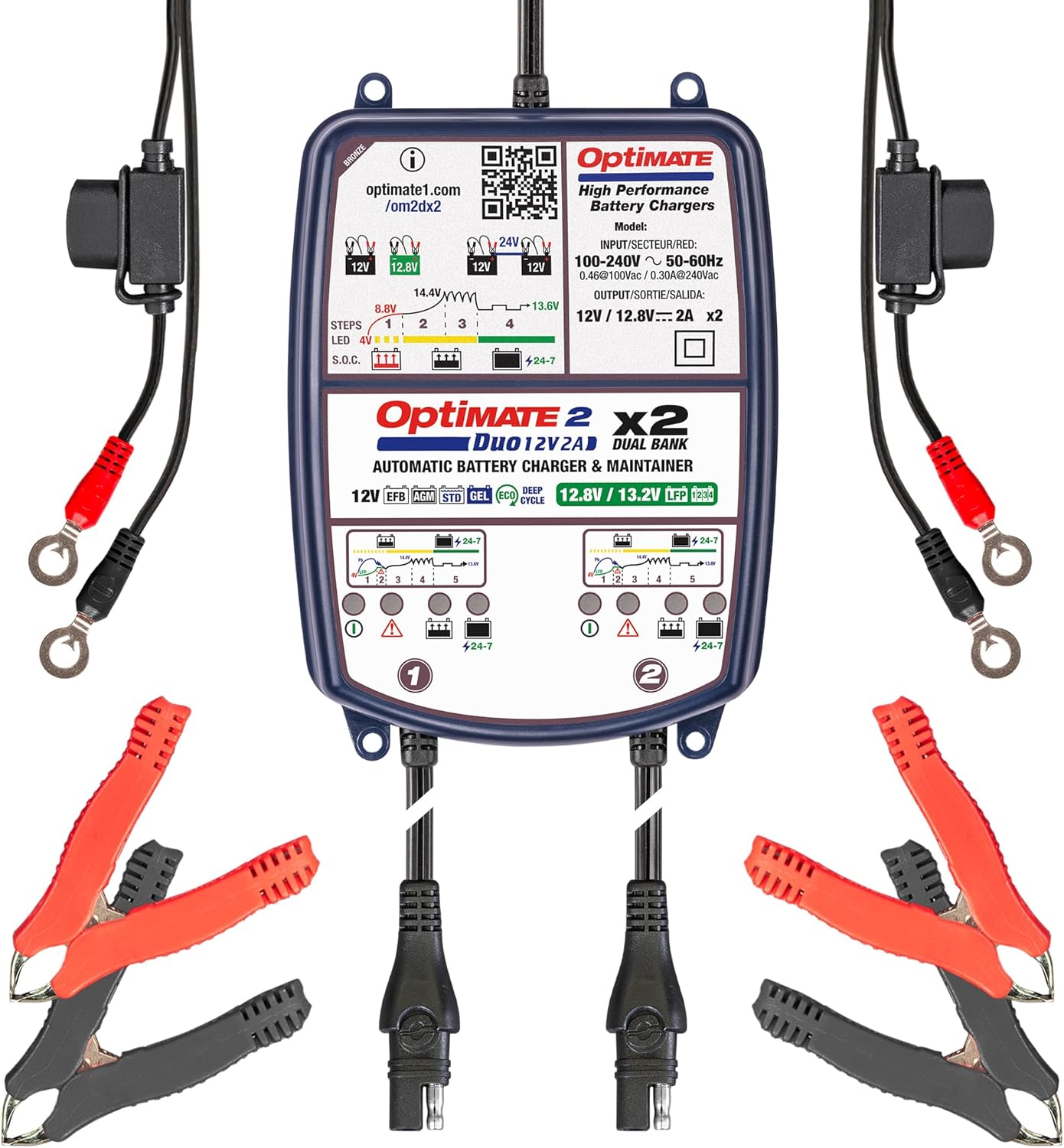 TecMate Optimate 2 Duo, TM-551, Bronze Series: 5-Step 12V / 12.8V 2A Sealed Battery Charger & maintainer, Blue