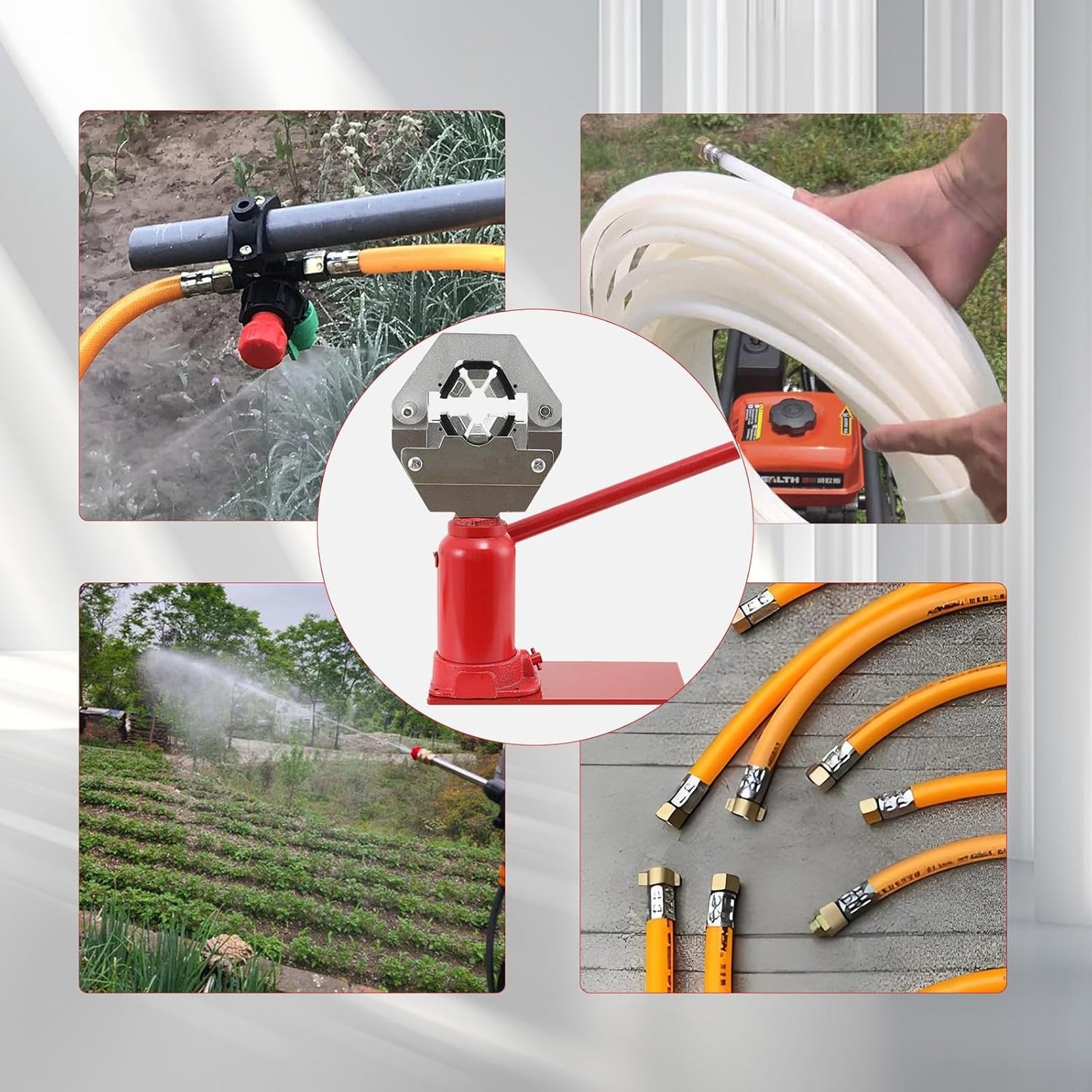 6.5-20mm Manual Hydraulic Hose Crimper Bottle Jack Hose Crimper Benchtop Agricultural 7T Hydraulic Hose Press Machine 6 Teeth High Pressure Sprayer Hose Diesel Hose Pressing Hydraulic Clamping Tools