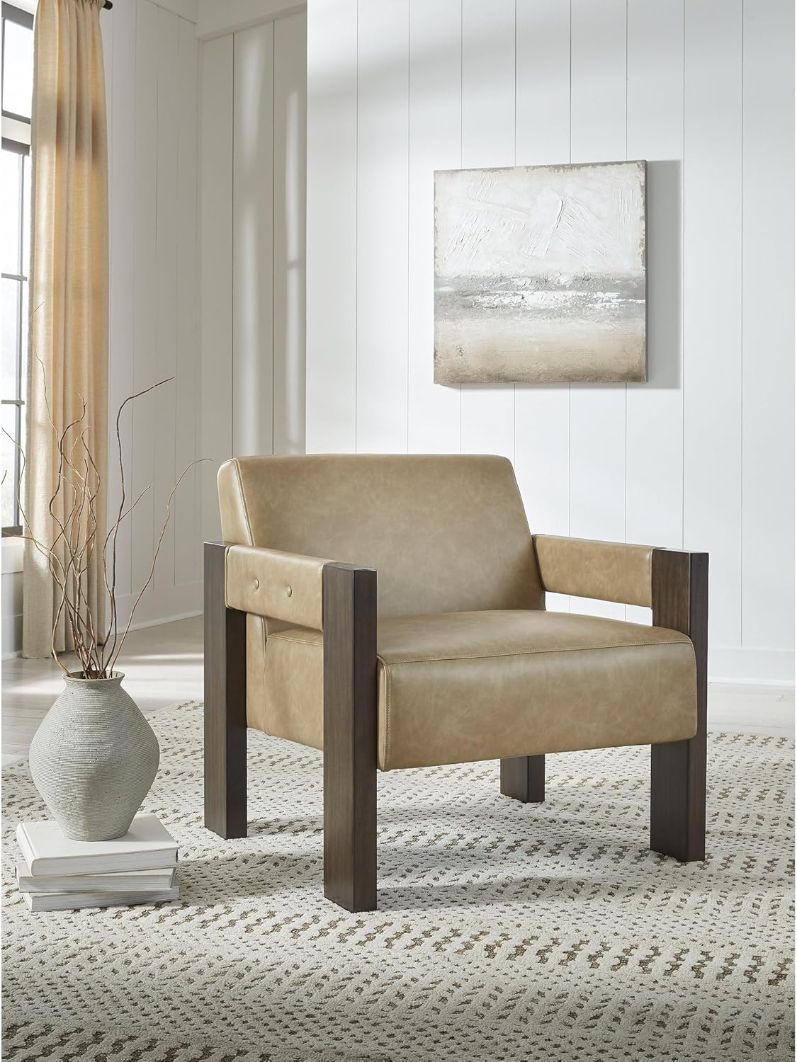 Signature Design by Ashley Adlanlock Contemporary Faux Leather Upholstered Solid Wood Accent Chair, Light Brown & Dark Brown