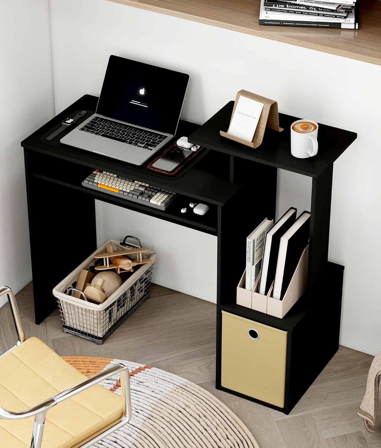 Small Computer Desk for Bedroom, Home Office Desk with Drawers Storage Shelves for Living Room Study Bedroom, Dark Walnut/Brown