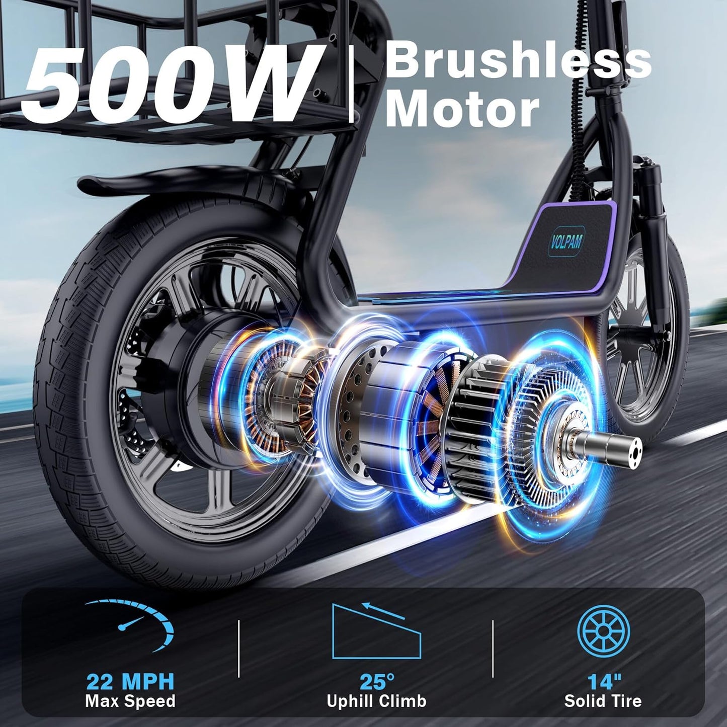 VOLPAM Electric Scooter Adults, Foldable E-Scooter for Adults, 500W Motor, 22 MPH Speed, 27 Mile Range, 14" Tires, Electric Kick Scooter with Seat, Dual/Braking System