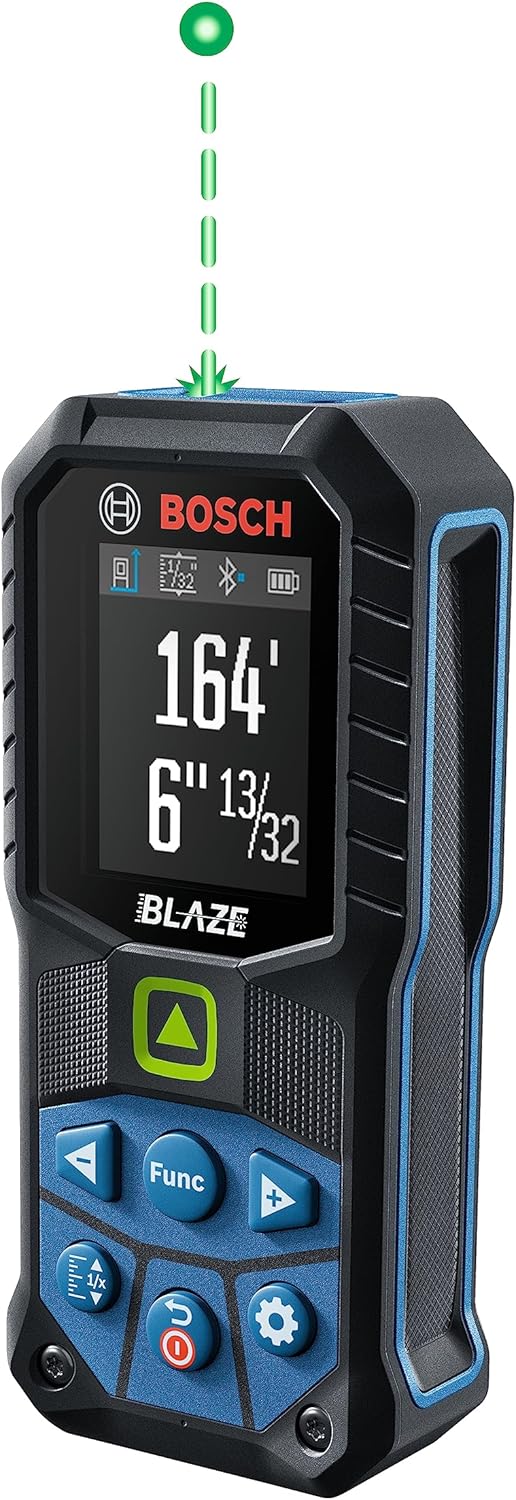 BOSCH GLM165-27CGL 165 Ft Blaze Green-Beam Laser Distance Measure with 3.7V Lithium-Ion 1.0 Ah Battery, Includes 1.0 Ah 3.7V Lithium-Ion Battery, Belt Clip, & Pouch