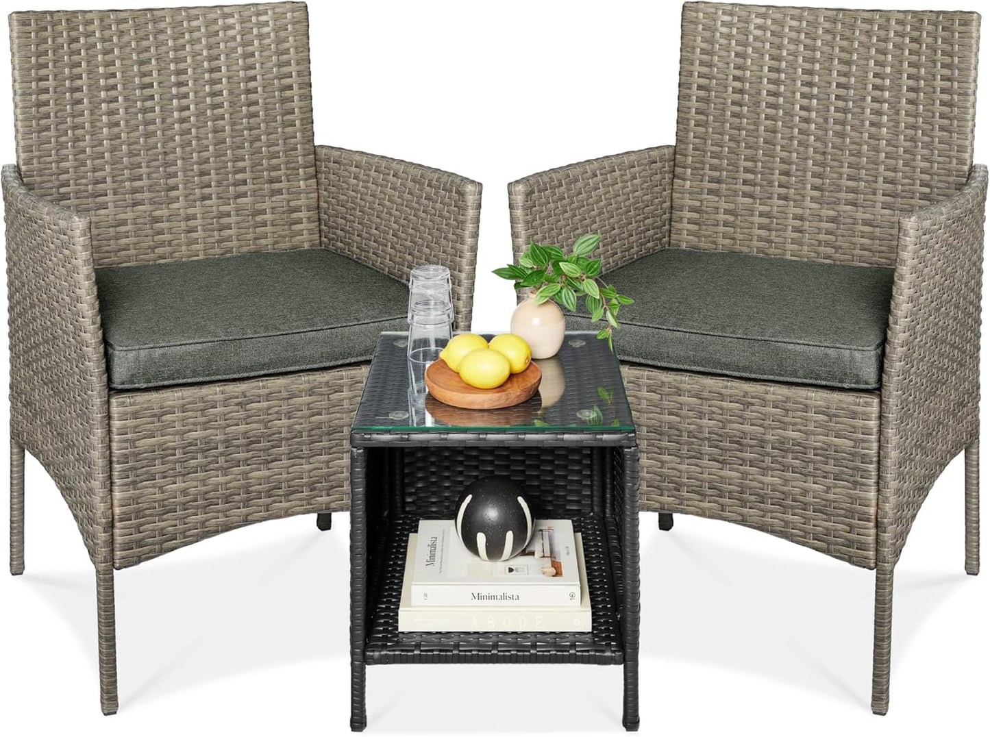 Best Choice Products 3-Piece Outdoor Wicker Conversation Bistro Set, Space Saving Patio Furniture for Garden w/Side Table - Gray/Navy