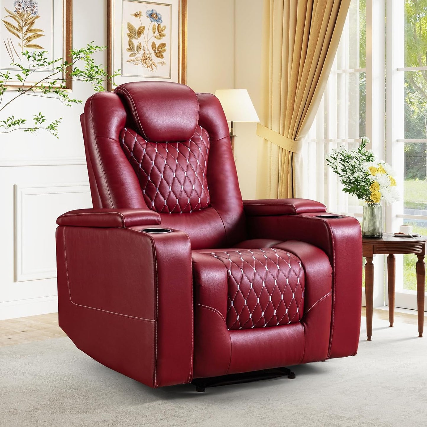 ANJ Power Recliner Chair with USB Ports and Cup Holders - Overstuffed Electric Home Theater Seating PU Leather Reclining Furniture with Hidden Arm Storage, Easy to Clean (Black)
