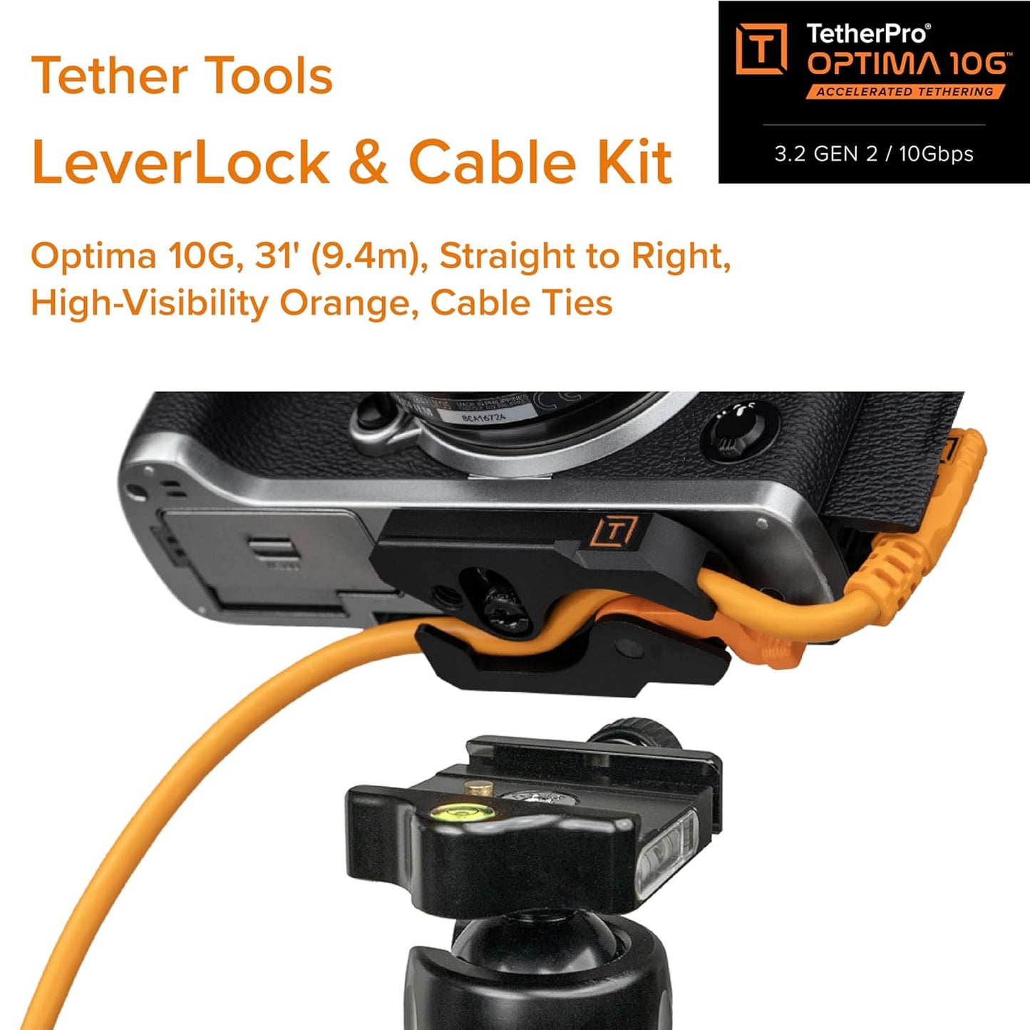 Tether Tools TetherGuard LeverLock Plate Camera Port Protection Tripod Plate for Cable Management & TetherPro Optima 10G High-Speed 31 ft. Straight to Right Angle USB-C to USB-C Cable Orange