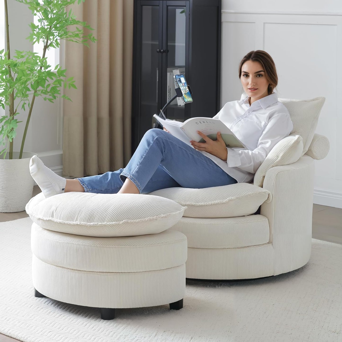 Swivel Barrel Chairs with Ottoman and Gooseneck Phone Holder, Upholstered Accent Swivel Chair with Storage Footrest for Living Room Bedroom Office Studio Ivory White