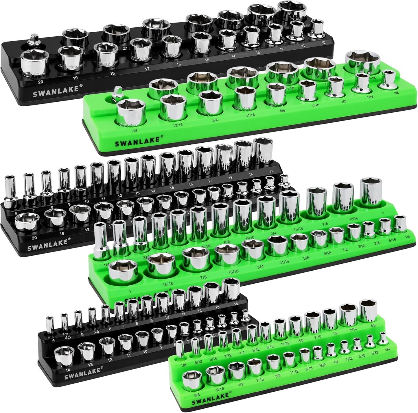 SWANLAKE Magnetic Socket Organizer Set, 1/4", 3/8", 1/2" Sockets Holds 286 Pieces Magnetic Socket Trays (Blue&red&black&green, 12 Pcs)