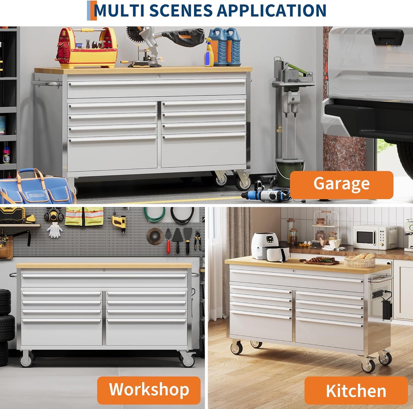 61 inch Rolling Tool Chest, Garage Workbench with 15 Drawers, Solid Rubber Wood Top & with Wheels Lock Key Locking, Mobile Workstation Tool Cabinet for Workshop Storage