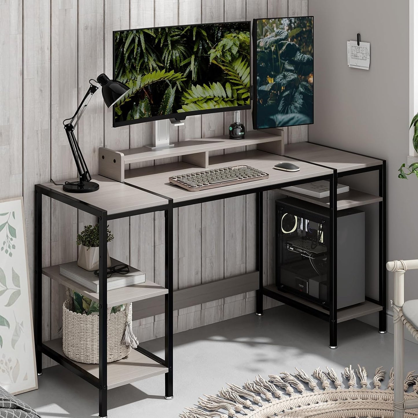 55 inch Grey Computer Desk Gaming Desk with Monitor Stand, Home Office Desk for 2 Monitors, Writing Desk with Adjustable Storage Space,Sturdy and Durable Modern Small Desk
