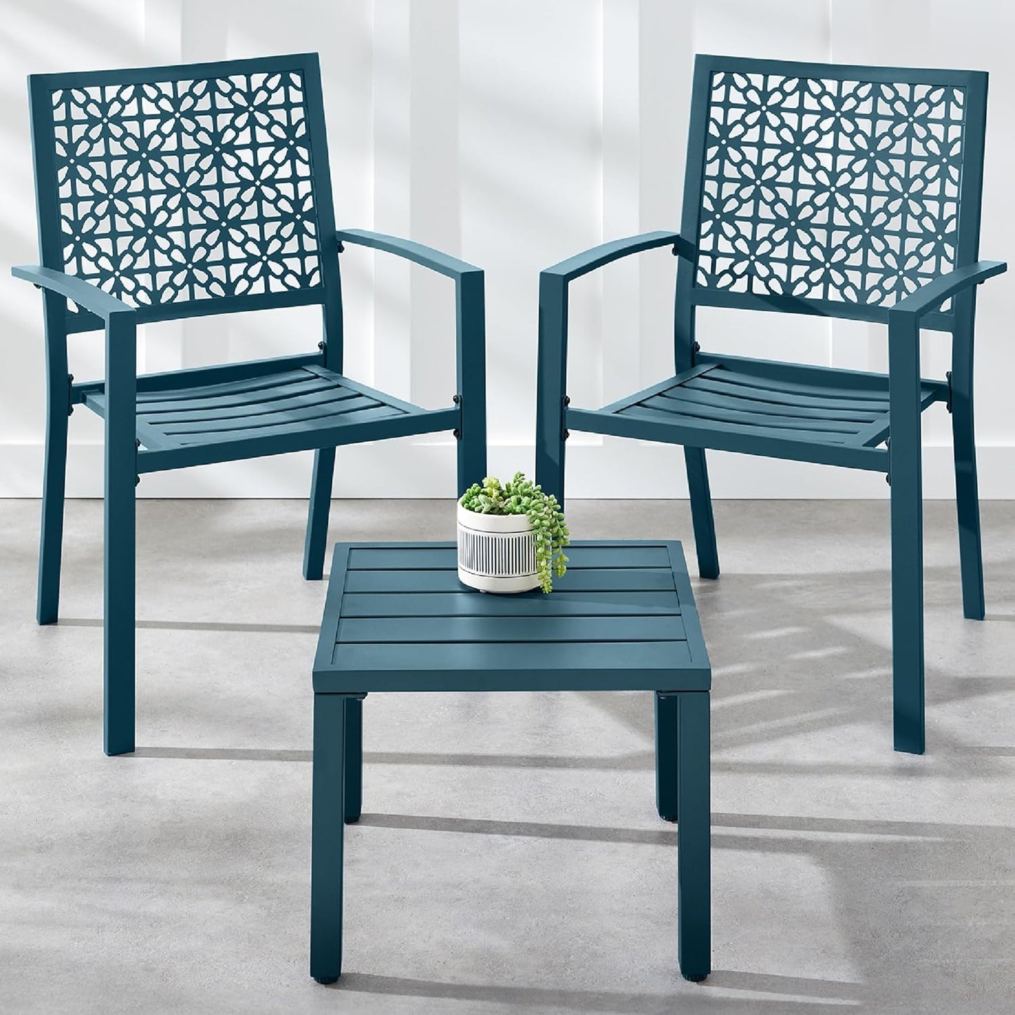 Best Choice Products 3-Piece Outdoor Bistro Set, Stackable Modern Steel Furniture for Porch, Garden w/ 2 Chairs, Table, Geometric Decor - Sage Green