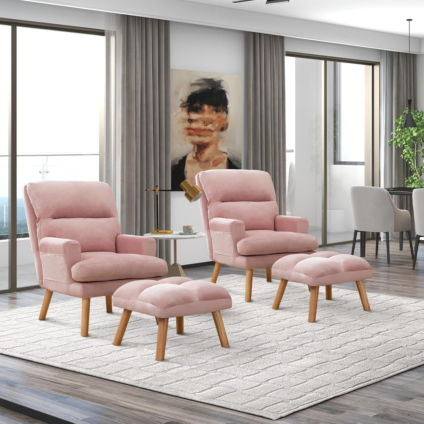 CANMOV Modern Accent Chair with Ottoman Set of 2, Soft Fabric Armchair with Adjustable Backrest and Side Pockets, Comfy Lounge Chair for Living Room, Bedroom, Apartment, Office, Camel