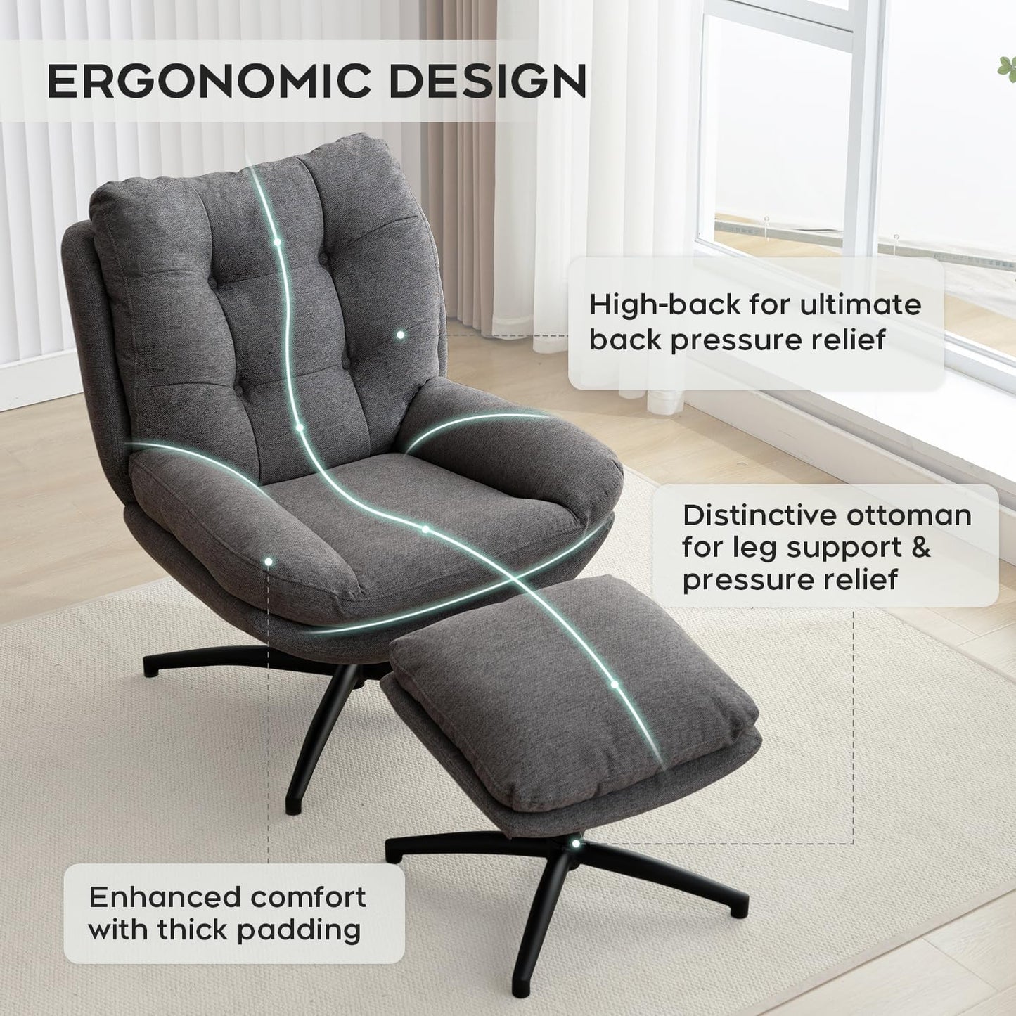 Swivel Accent Chair with Ottoman Set, TV Lounge Chair with 360 Degree Swiveling,Tilting for Living Room, Chenille Comfy Reading Chair with 23" High Back for Bedroom, Modern Armchair with Footrest,Grey