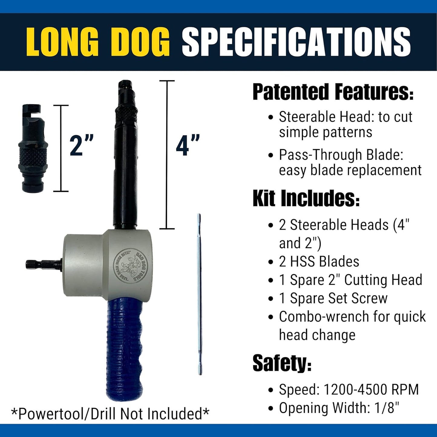Bad Dog Long Dog Biter Kit - Dual Head Nibbler Drill Attachment w/ 4” Reach. Includes Two Patented Steerable Heads (2” & 4”) & a spare 2", HSS blades, Set Screw & Combo-Wrench.