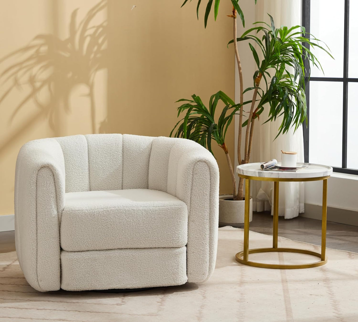 Swivel Accent Chairs Set of 2 for Living Room, Pumpkin Shaped Single Club Sofa Chair, Teddy Fabric 360 Degree Round Swivel Barrel Armchair for Home Bedroom Apartment Office (Brown)