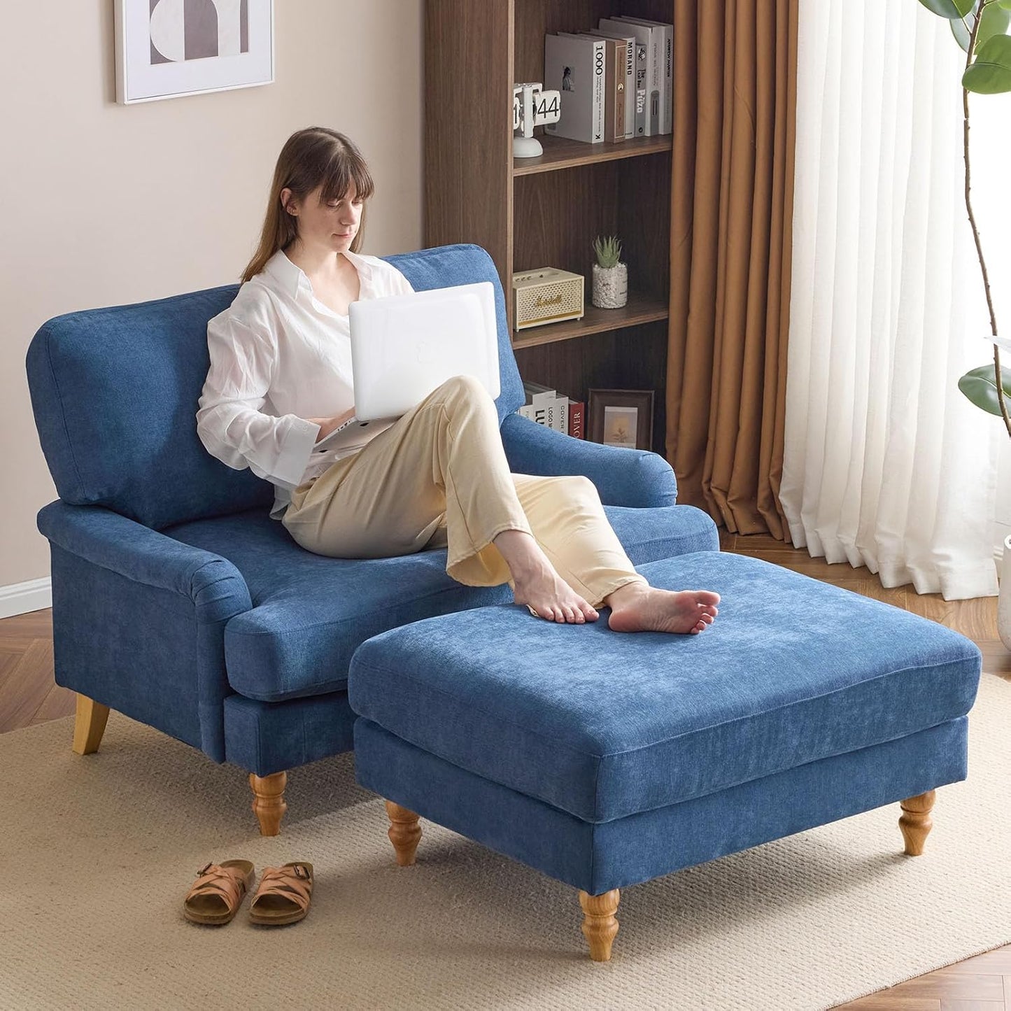 Bezseller Oversized Chair Indoor with Ottoman, 46" W Upholstered Armrest Sofa, Big Comfy Lounge Sofa Deep Seat Sleeper Chair for Living Room, Apartment, Bedroom, Reading Room(Blue)