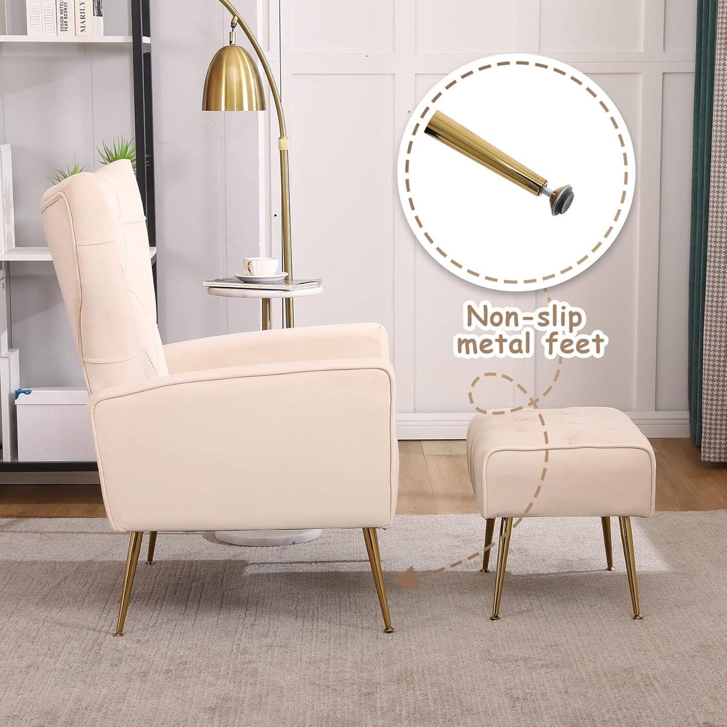 Accent Chair with Ottoman Set of 2, Comfy Chair and Ottoman Set, Upholstered Tufted Lounge Chair with Wide Seat Footrest, Reading Armchair for Living Room Bedroom, Beige,Velvet