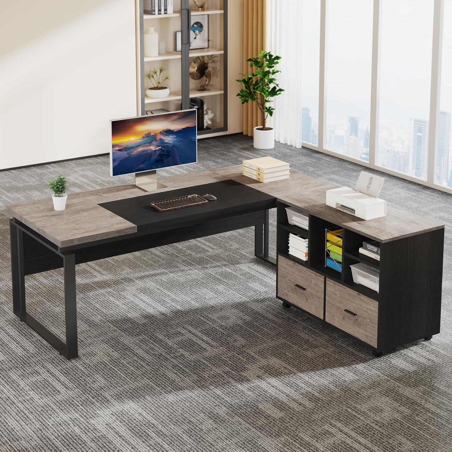 Tribesigns L-Shaped Executive Desk with Reversible File Cabinet, 63" Office Desk with Storage Drawers, L-Shaped Computer Desk with Drawer Cabinet for Hanging Letter Size Files (Walnut & Black)