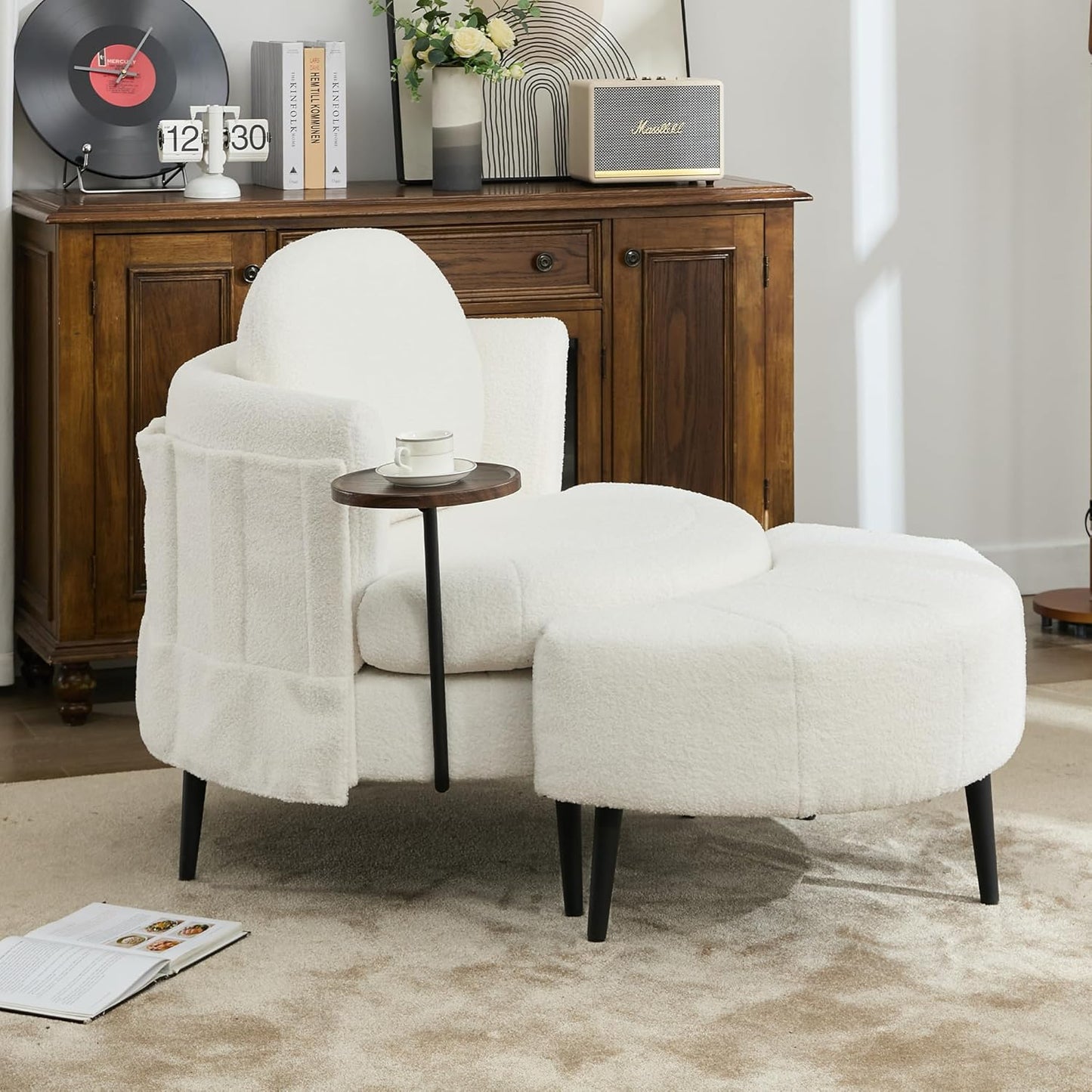 42.5" Lamb Velvet Sleeper Chair with Ottoman & Armrests, Upholstered Chaise Lounge Recliner with Side Table & Footstool, Removable Headrest, Single Reading Sofa Chair for Bedroom (White)