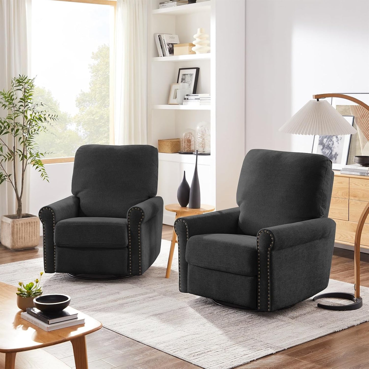 Accent Chairs 360° Recliner Chair Swivel Rocker Chair for Adults, Nursery Swivel Chairs for Living Room, High Back Upholstered Deep Seat Lazy Boy Recliner Chairs (Polyester Fabric- Dark Gray-1PCS)