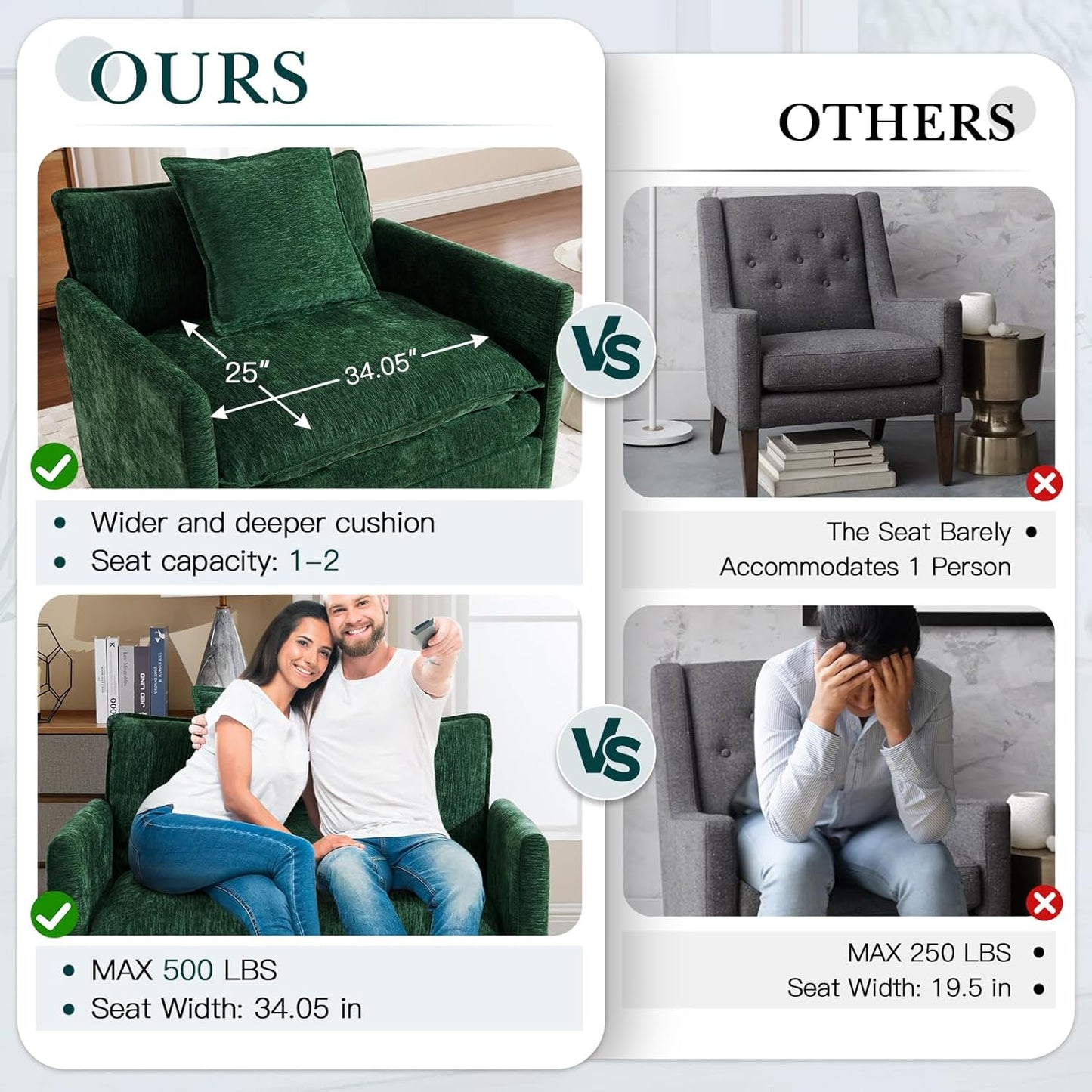 SLEERWAY Oversized Comfy Cloud Couch Accent Lounge Chair Set, Modern Living Room & Bedroom, Green