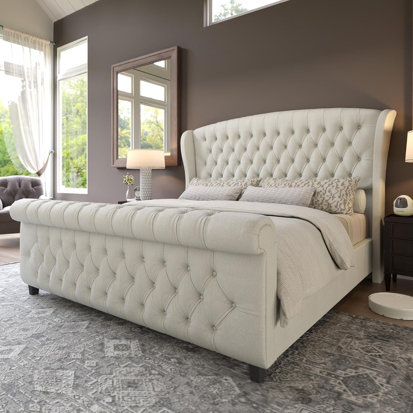 AMERLIFE Queen Size Platform Bed Frame, Chenille Upholstered Sleigh Bed with Scroll Wingback Headboard & Footboard/Button Tufted/No Box Spring Required/Cream