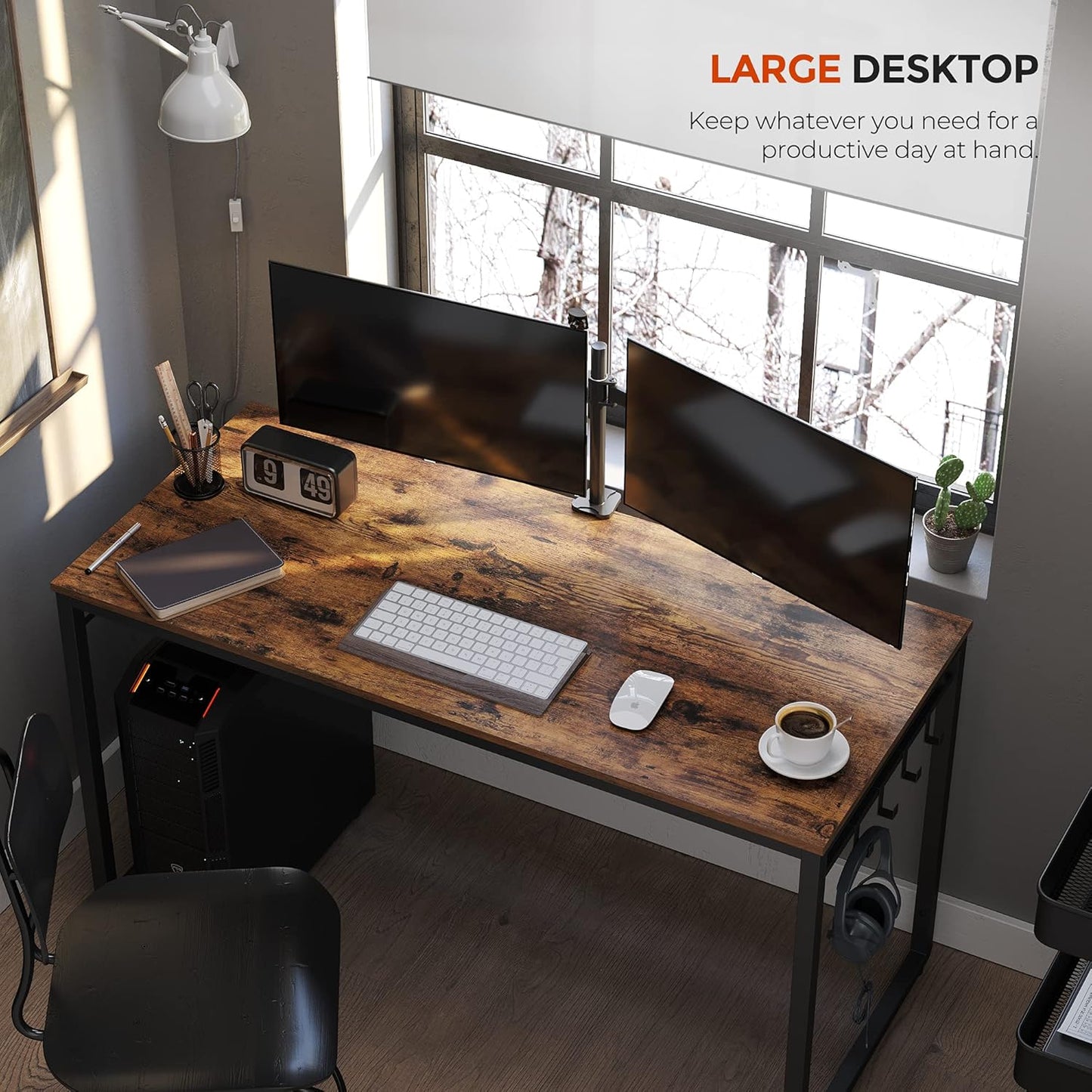 VASAGLE Computer Desk, Office Desk with 8 Hooks, for Study, Home Office, Easy Assembly, Industrial Design, 47.2 x 23.6 x 29.5 Inches, Rustic Brown ULWD58X