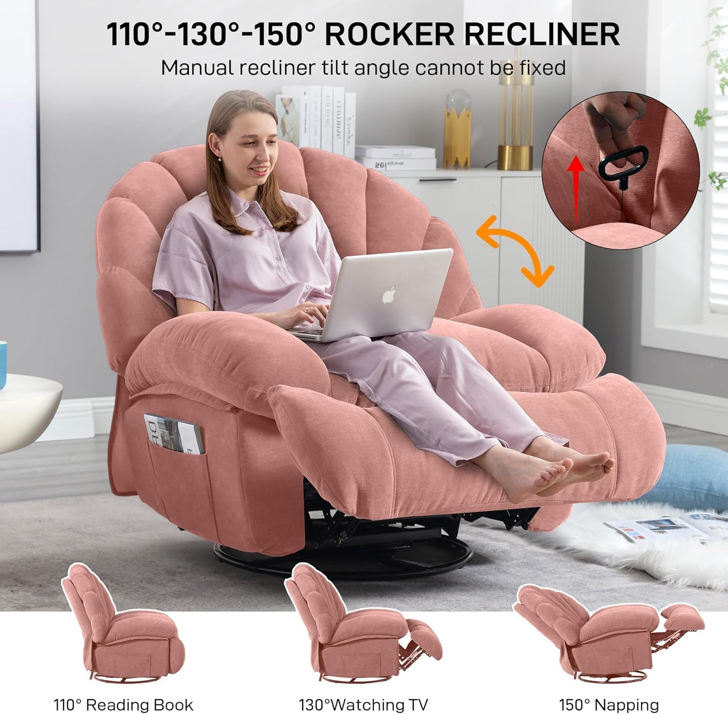 Swivel Rocker Recliner Chair for Living Room – 360° Silent Rotation, Adjustable Backrest 110°-150°, Soft Fabric, Shell Backrest, Large Side Pockets, 330lbs Capacity (Regular Model, Pink)
