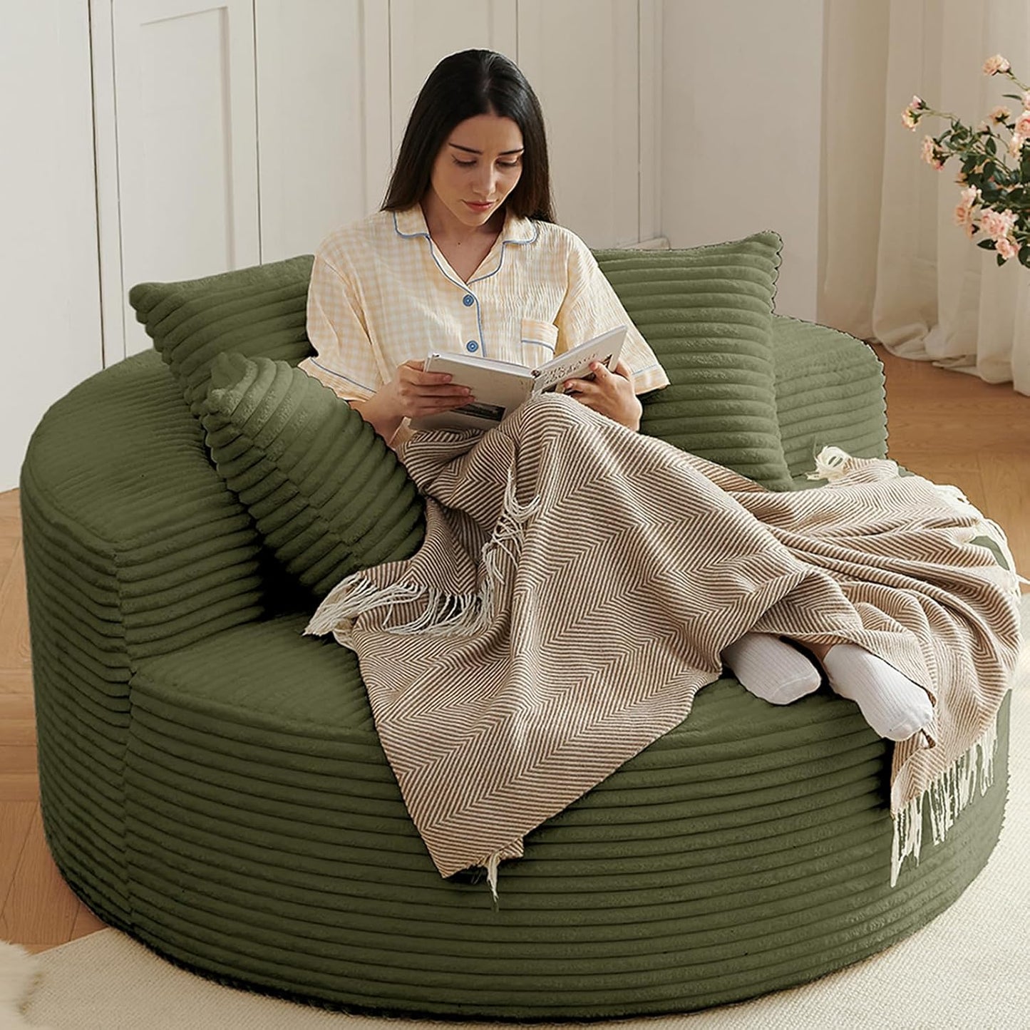 55" L Corduroy Sponge Single Sofa, Oversized Round Chair, Fluffy Modern Sleeper Chairs for Living Room, Lounge and Projection Room, Wide Armrest Lounge Chairs, Armchair with Pillow White