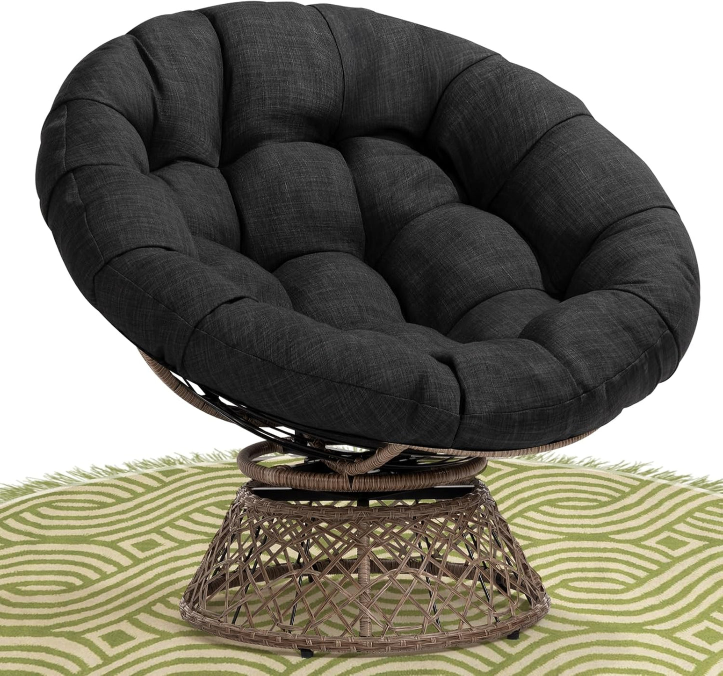 Bme 40" Ergonomic Wicker Papasan Chair with Soft Thick Density Fabric Cushion, High Capacity Steel Frame, 360 Degree Swivel for Living, Bedroom, Reading Room, Lounge, Silver Cloud - Black Base