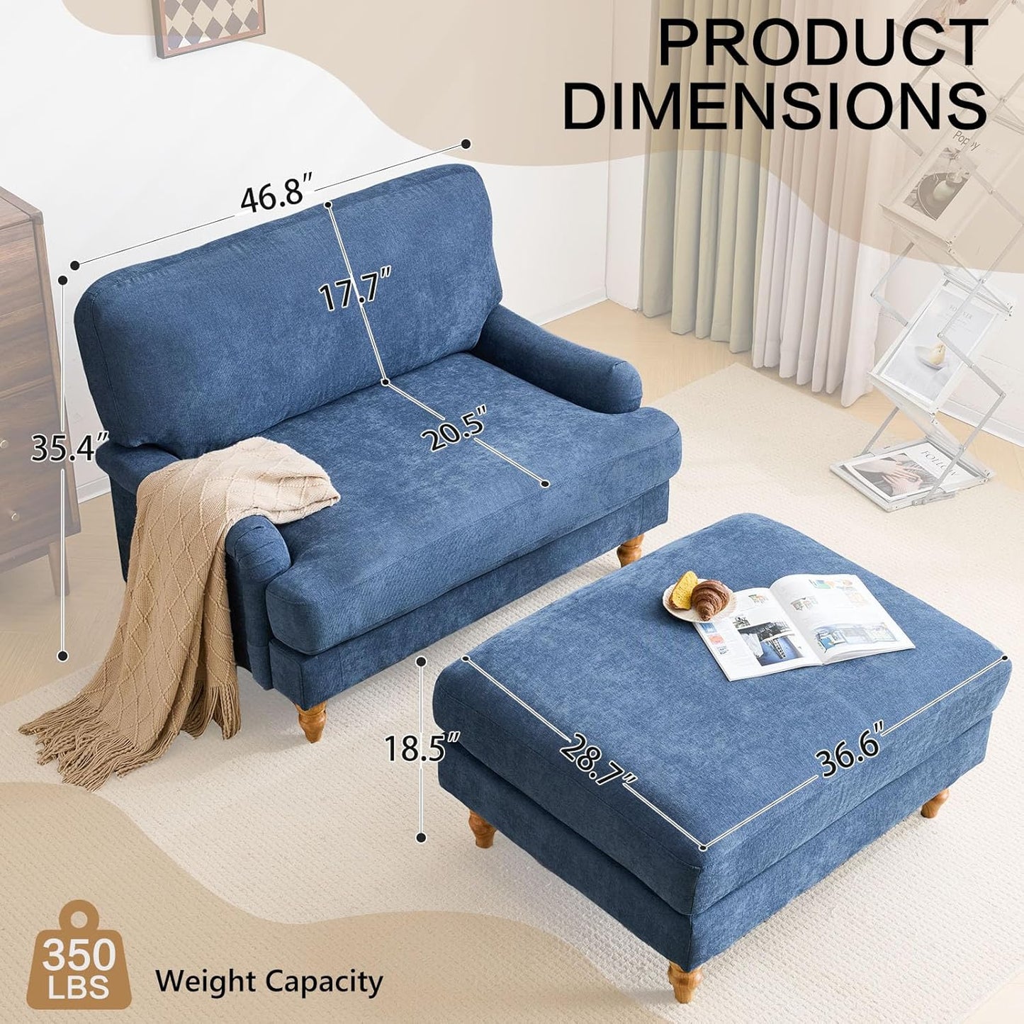Bezseller Oversized Chair Indoor with Ottoman, 46" W Upholstered Armrest Sofa, Big Comfy Lounge Sofa Deep Seat Sleeper Chair for Living Room, Apartment, Bedroom, Reading Room(Blue)