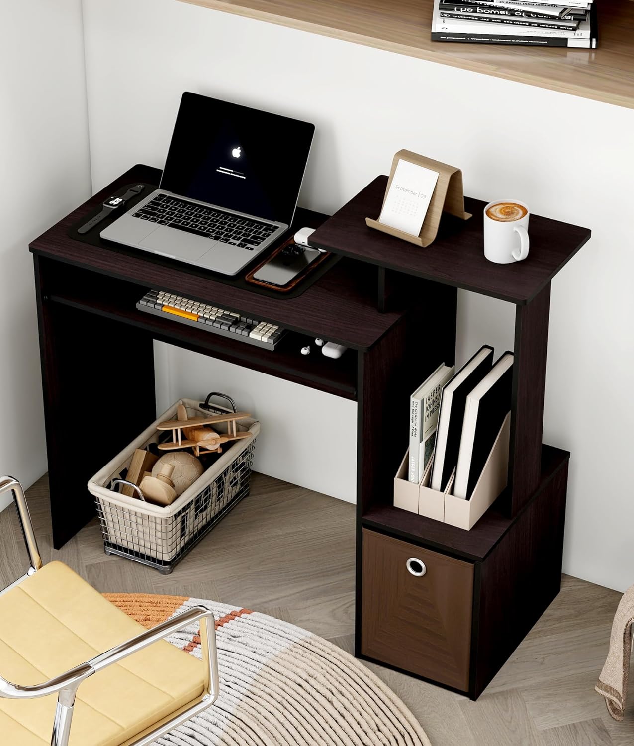 Small Computer Desk for Bedroom, Home Office Desk with Drawers Storage Shelves for Living Room Study Bedroom, Dark Walnut/Brown