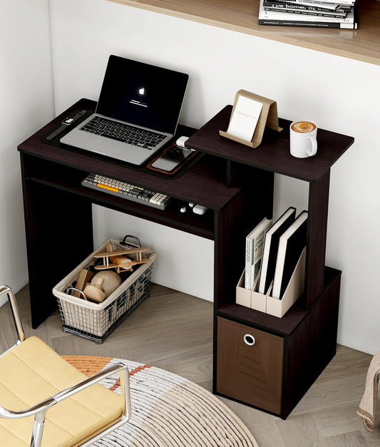 Small Computer Desk for Bedroom, Home Office Desk with Drawers Storage Shelves for Living Room Study Bedroom, Dark Walnut/Brown