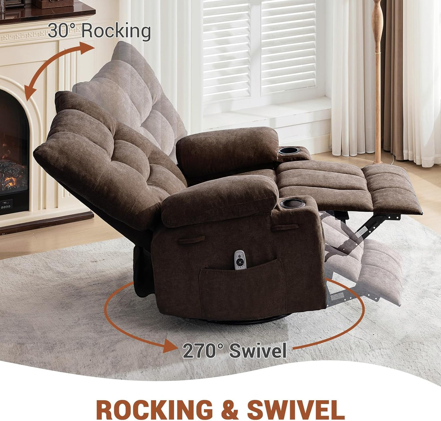 Swivel Rocker Recliner Chair with Heat and Massage,360 Degree Swivel Rocking Single Sofa with Cup Holders, Oversized Single Sofa Seat, Lazy Boy Recliner Chairs for Living Room