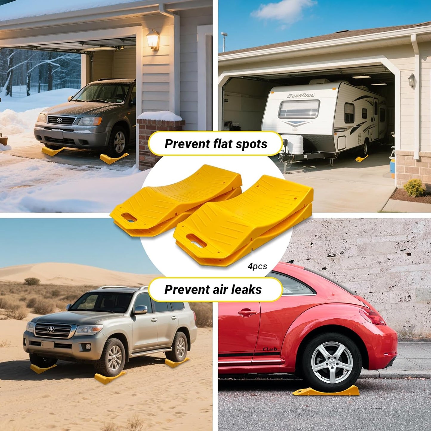 4 Packs Tire Saver Ramps, Non-Slip Prevent Flat Spots Caused by Long Parking, Flat Tire Prevention Tire Ramps, Quality Portable Handle Design for Easy Movement Suit for Cars RV Camper Trailer