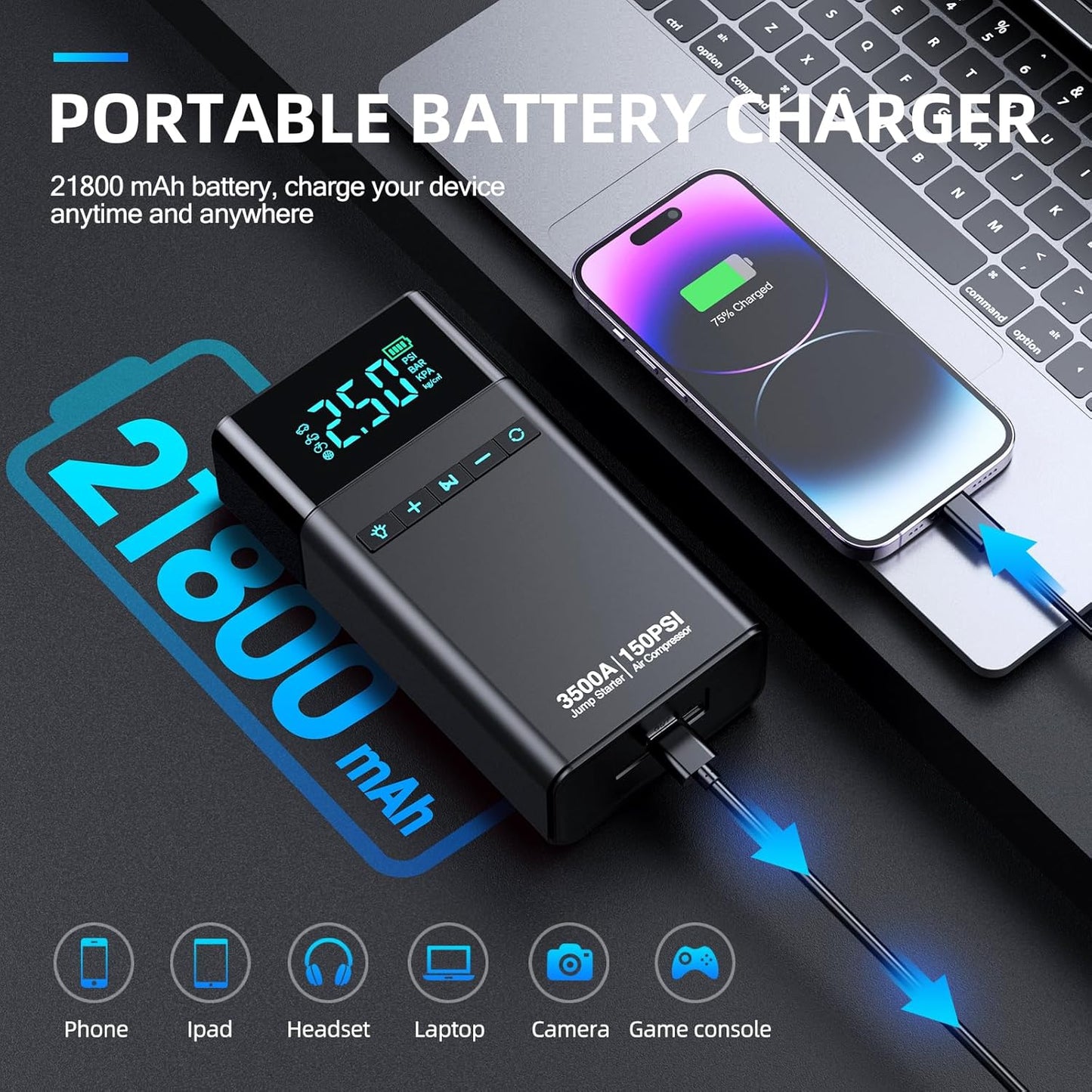 10-in-1 Car Battery Jump Starter with Air Compressor, 3500A 21800mAh Portable Car Jumper Starter (All Gas 12L Diesel), 150PSI 12V Jump Box Car Battery Jump Starter with Jumper Cables, Lights