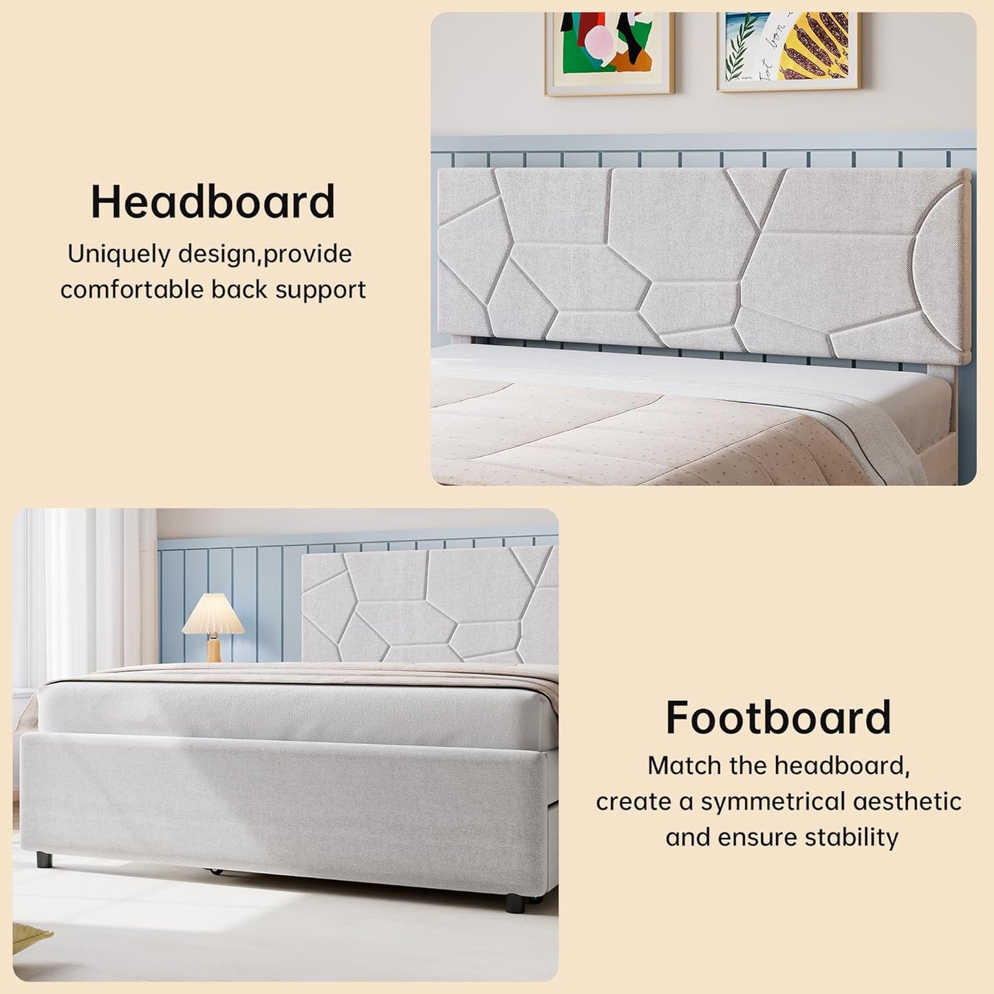Trundle Bed Twin, Full Size Upholstered Platform Bed Frame, Pull Out Bed with Headboard, Wood Slat Support, for Bedroom, Living Room, Guest Room